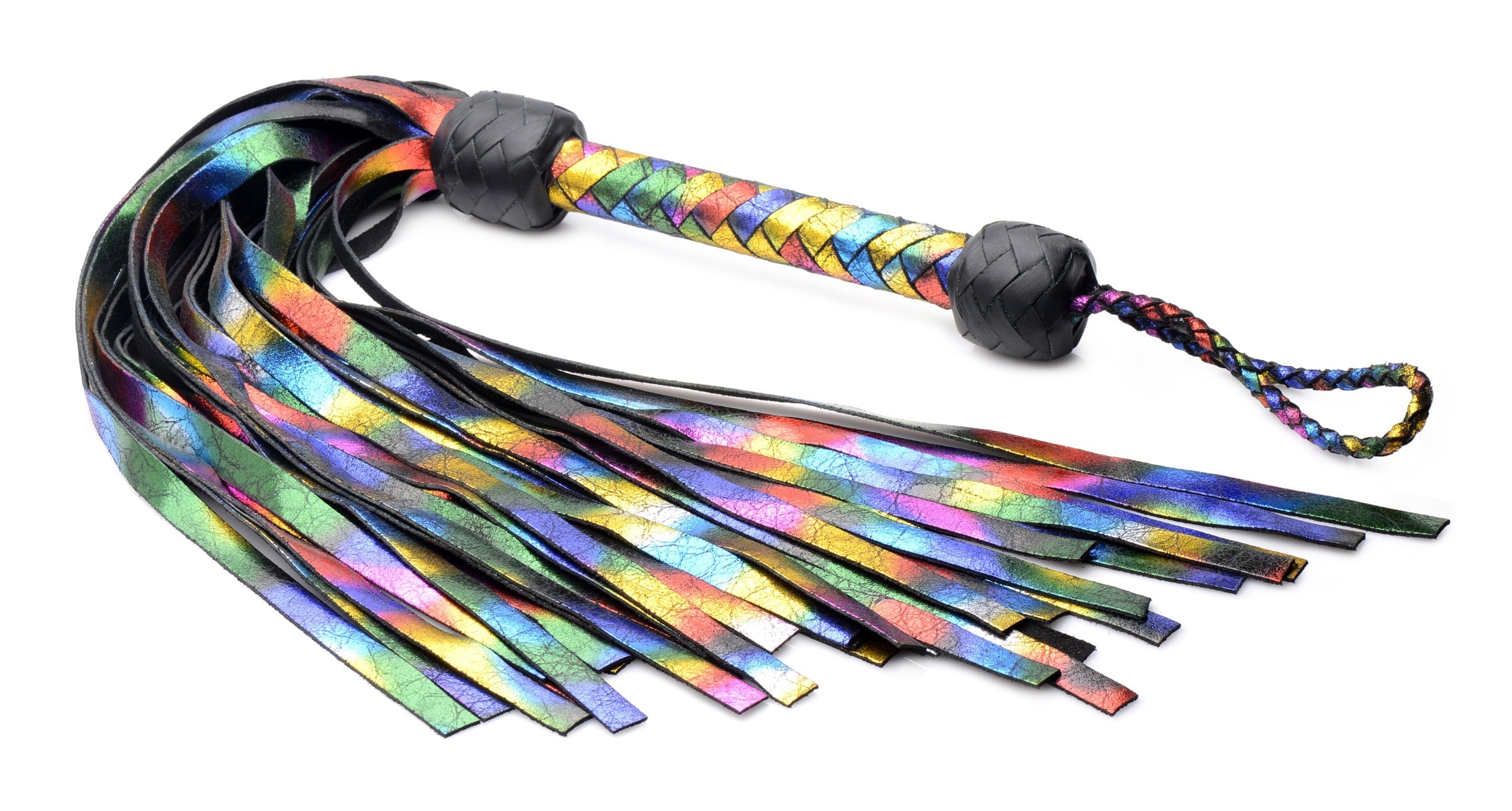 A vibrant leather flogger featuring multiple colors and a black grip