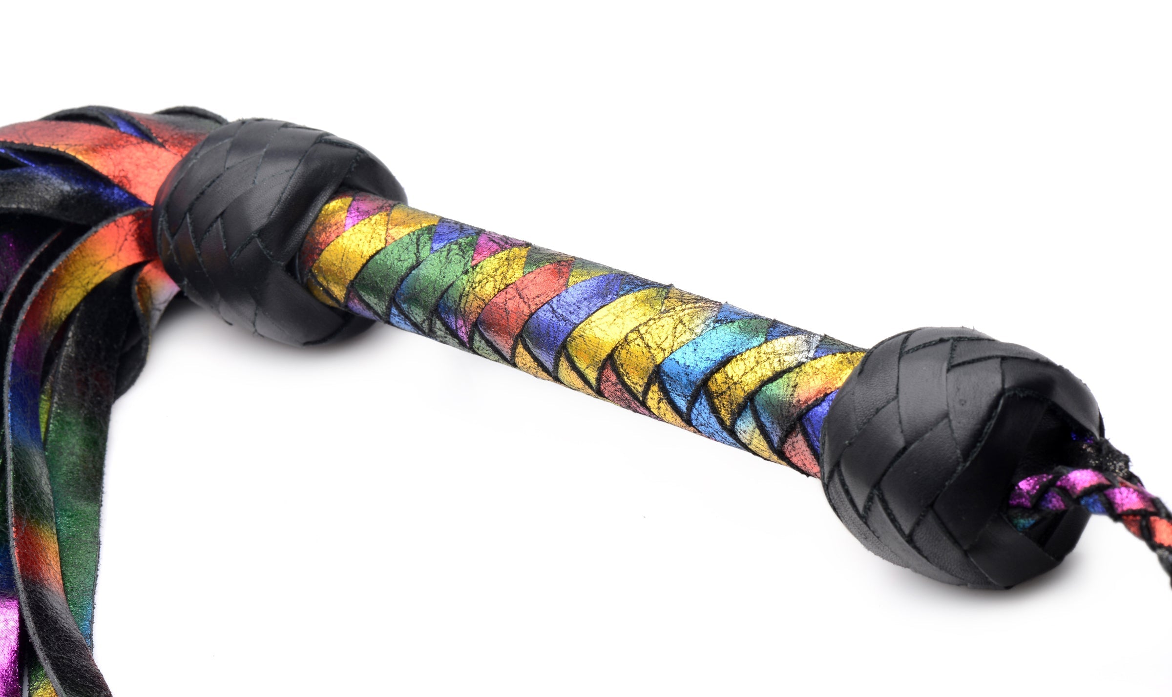 A rainbow-colored leather flogger with a sturdy black handle