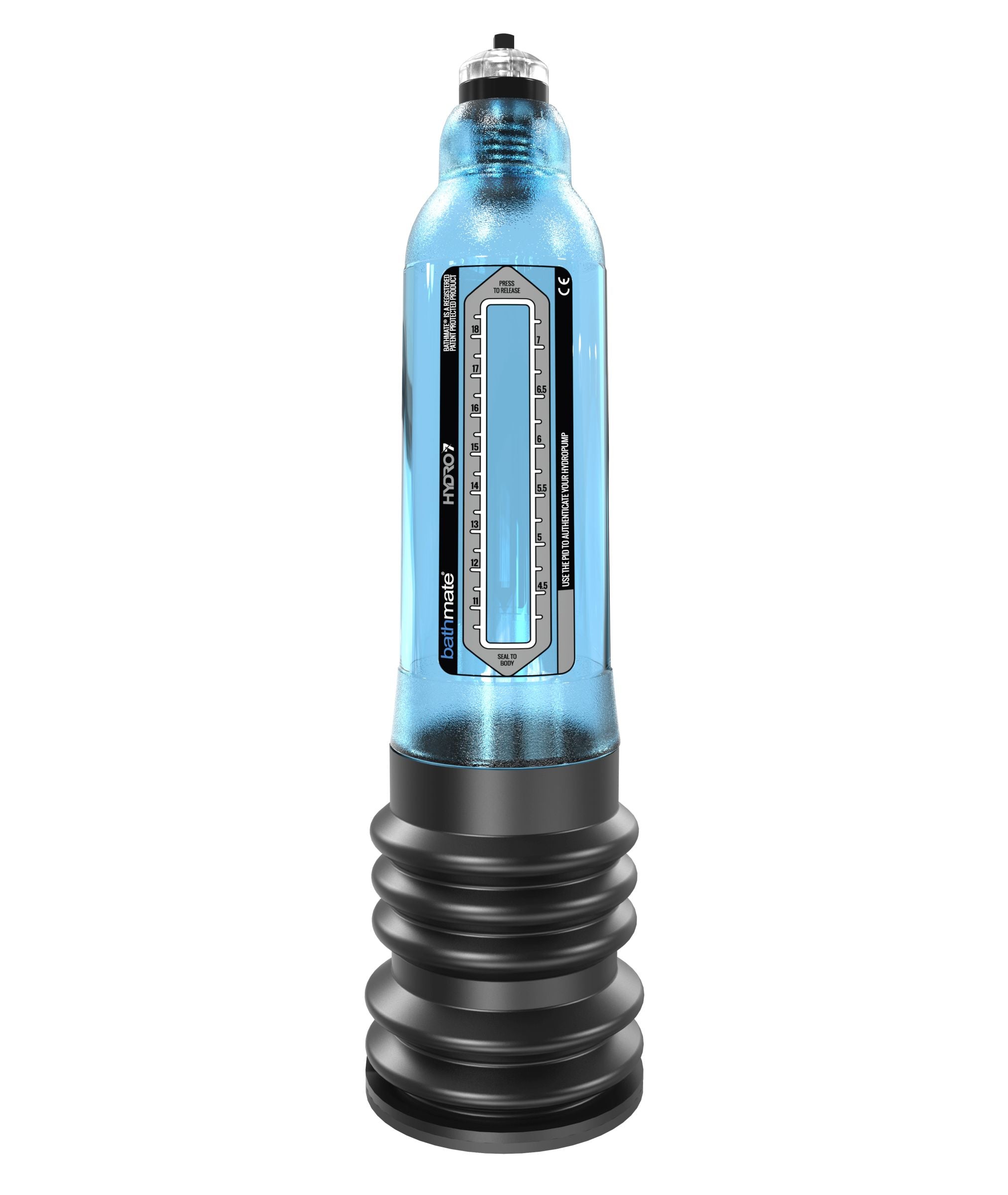 Hydro7 Penis Pump in blue and black colors with a black base