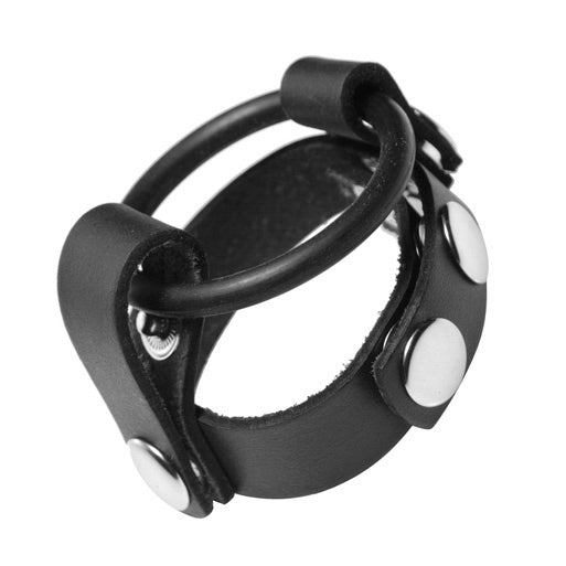 Adjustable black leather cock ring harness with dual metal rings