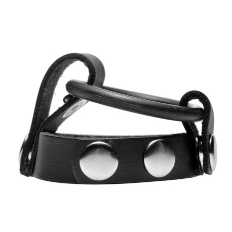 Close-up of a black leather cock ring harness featuring metallic hardware