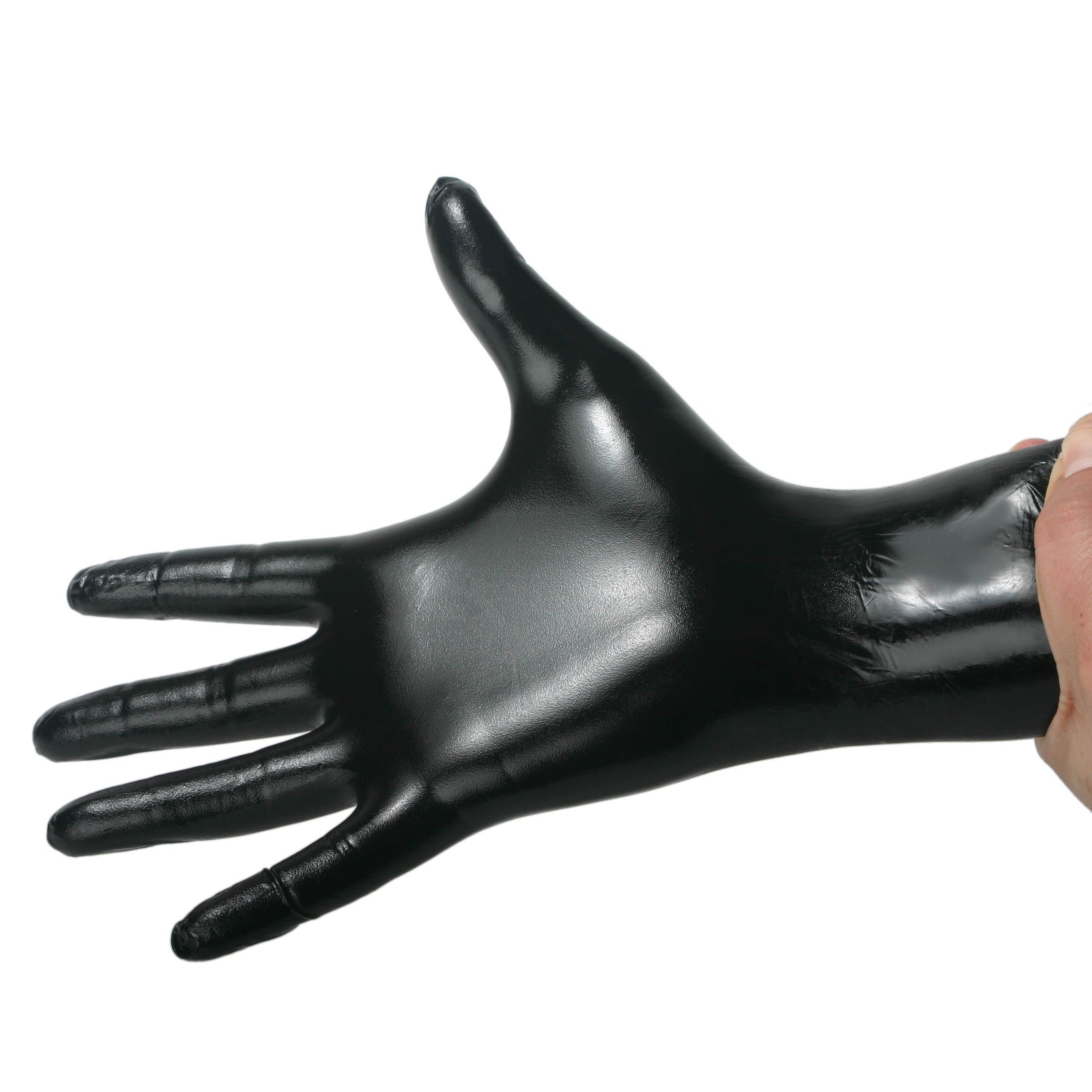 A large-sized black nitrile examination glove from a 100-count box