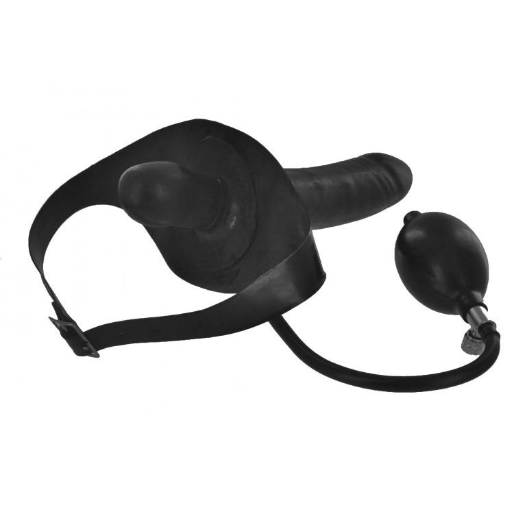 Inflatable gag with attached dildo, shown in black