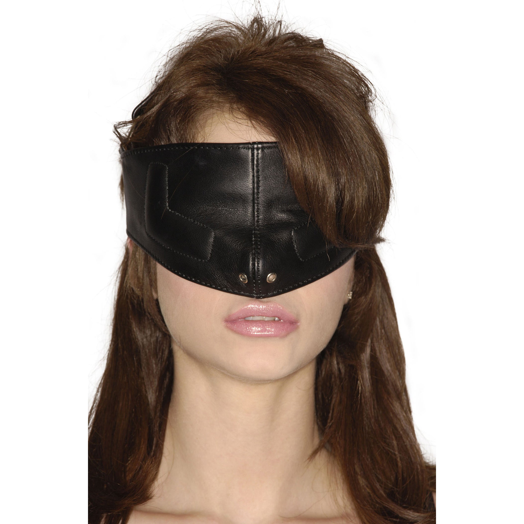 Side angle of a model wearing the Strict Leather Upper Face blindfold