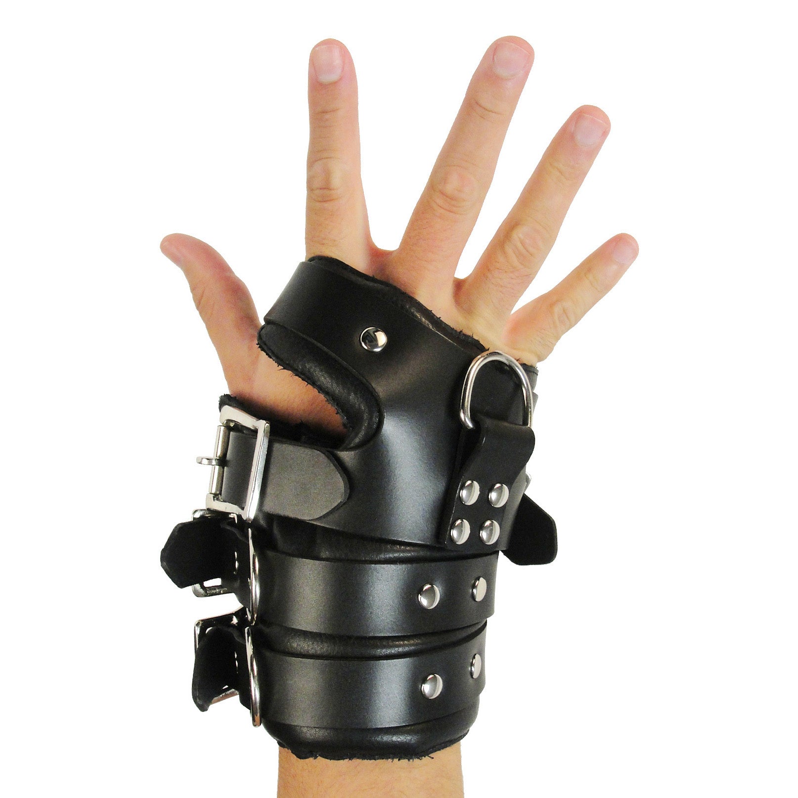 Individual wearing Strict Leather Suspension Cuffs designed for wrist support