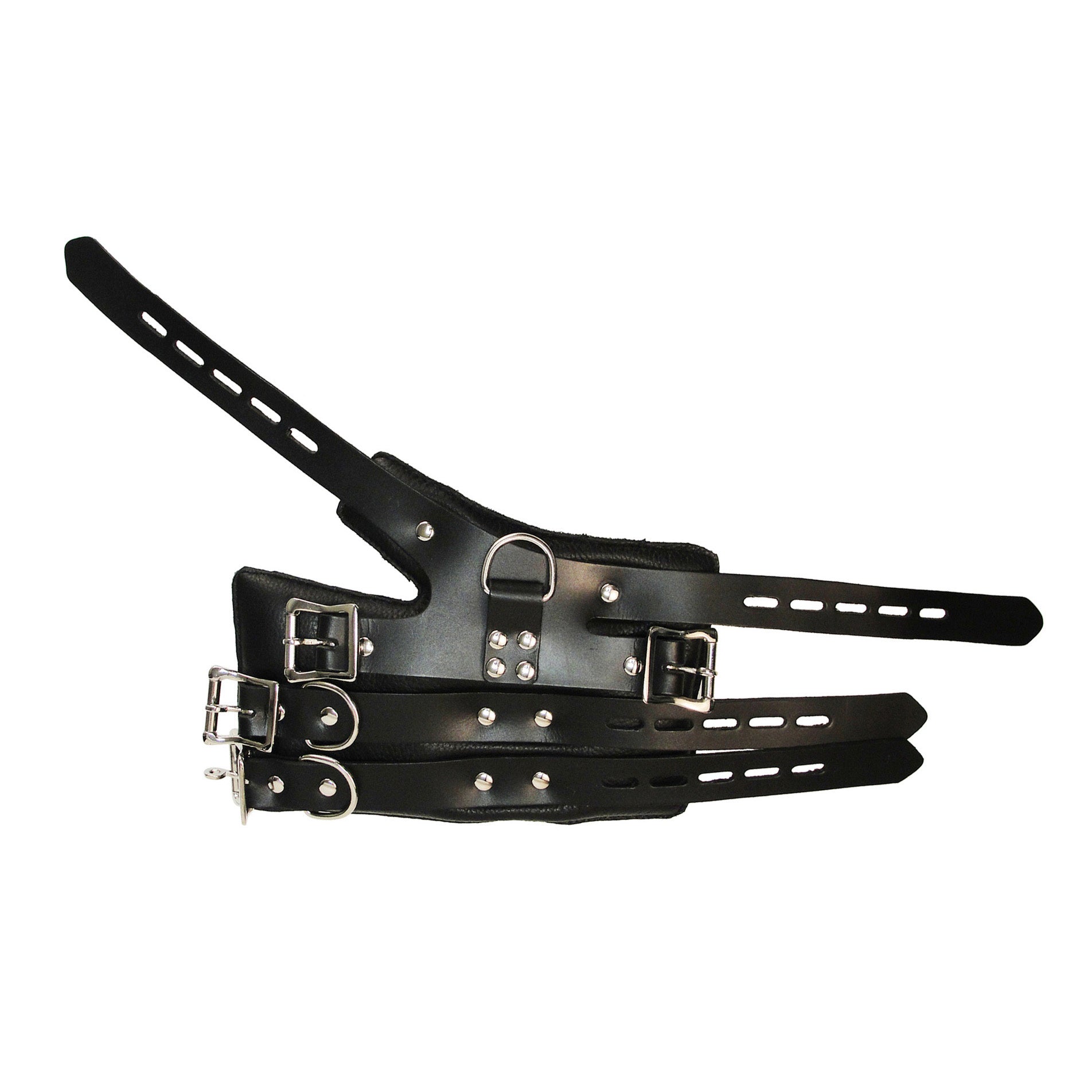 Detailed view of Strict Leather Suspension Cuffs with four buckles