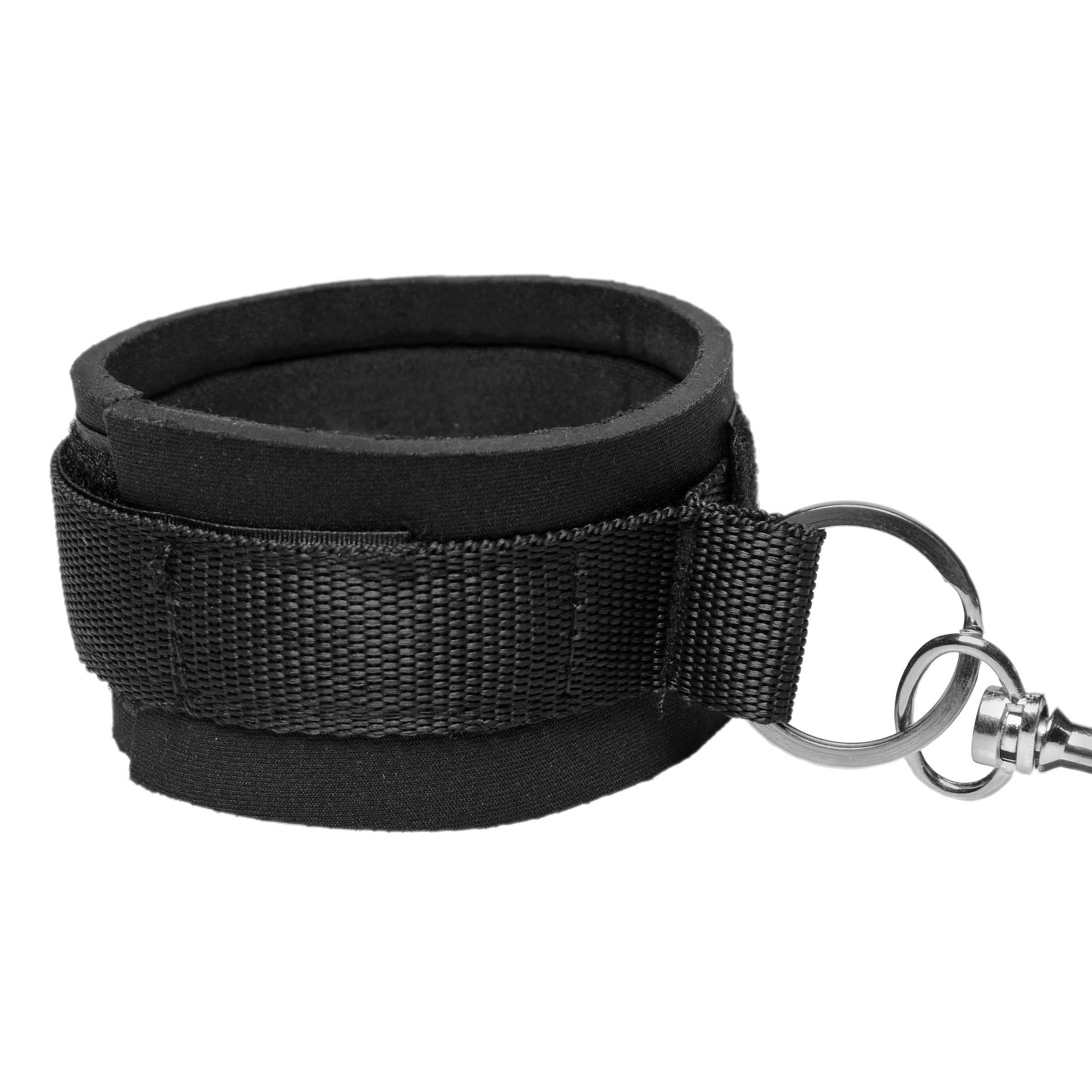 Detail of the black nylon strap and metal ring from the restraint kit