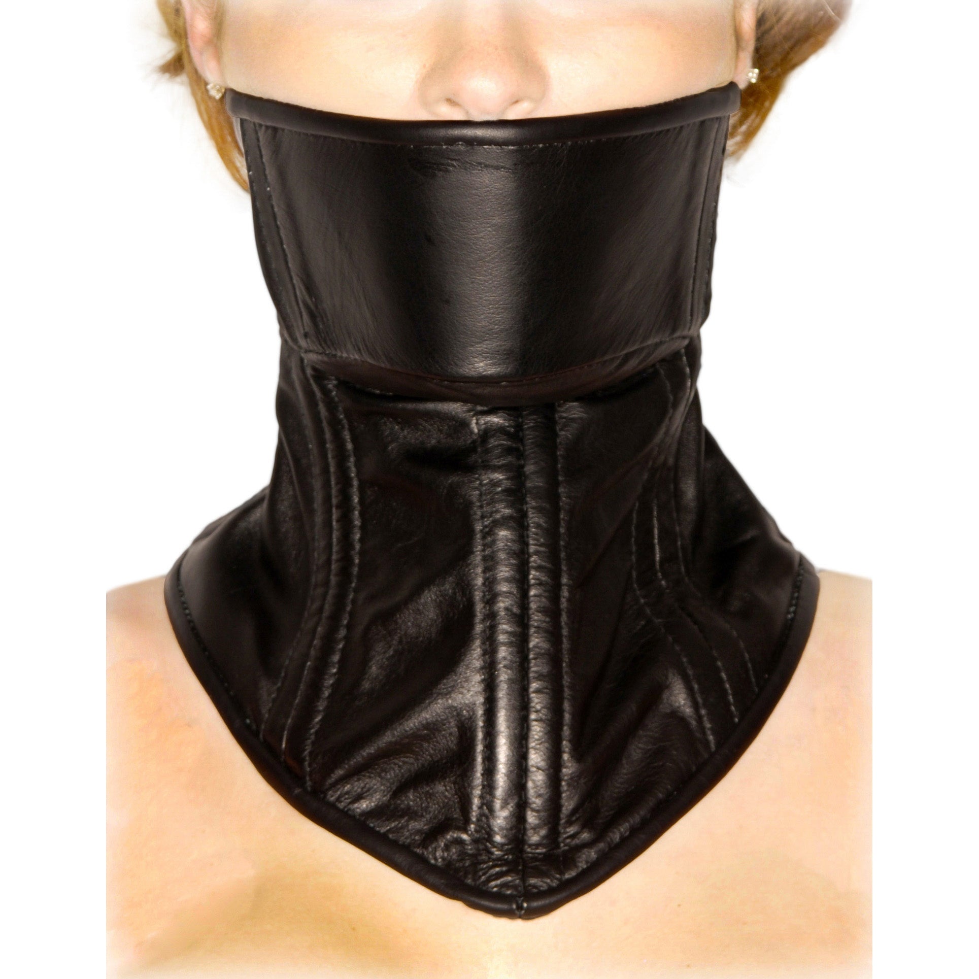 Close-up view of a black leather neck corset with lacing