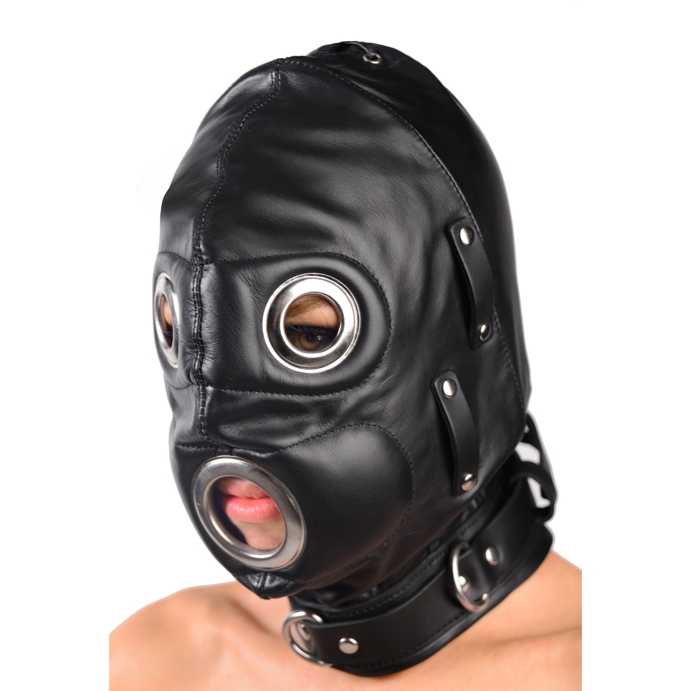 Front view of the Total Lockdown Leather Hood worn by a model