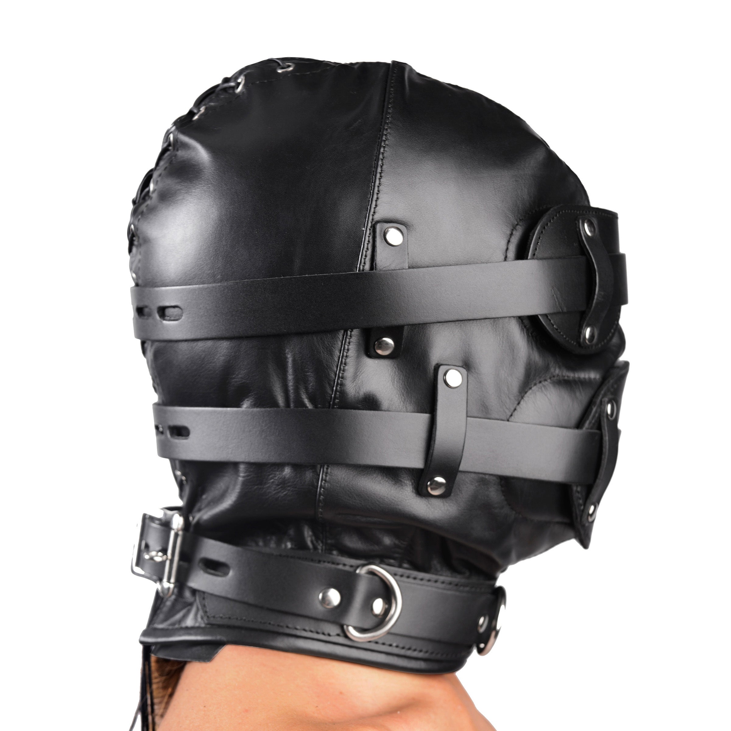 Side angle of a model wearing the Total Lockdown Leather Hood