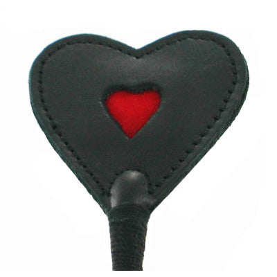 Black leather crop with heart-shaped tip for equestrian use