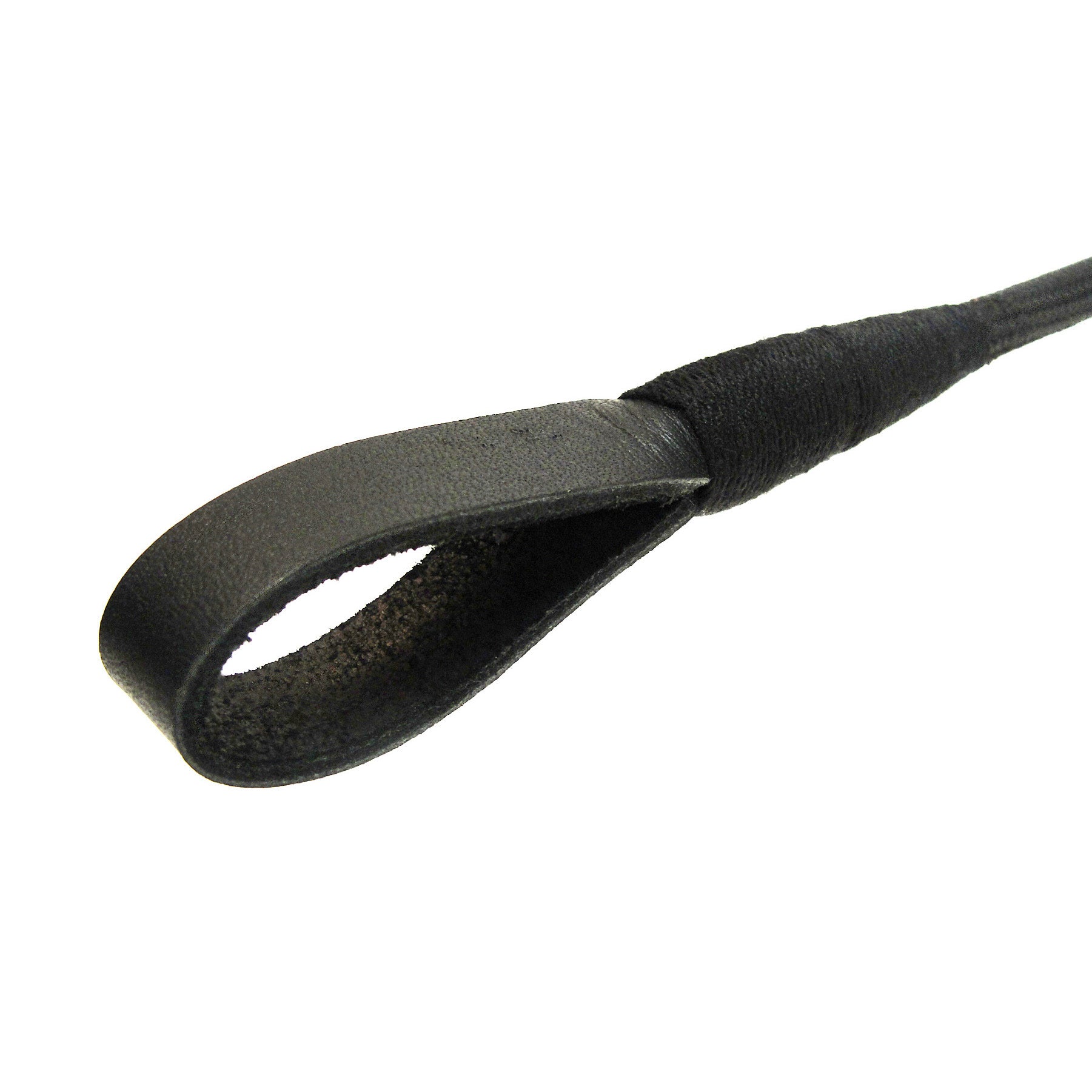 Black leather crop with a strip tip and handle for equestrian use