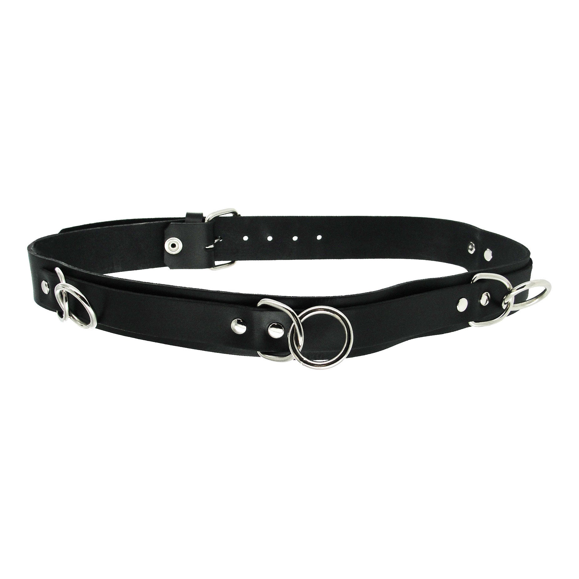 Black leather punk bondage belt with dual metal O-rings