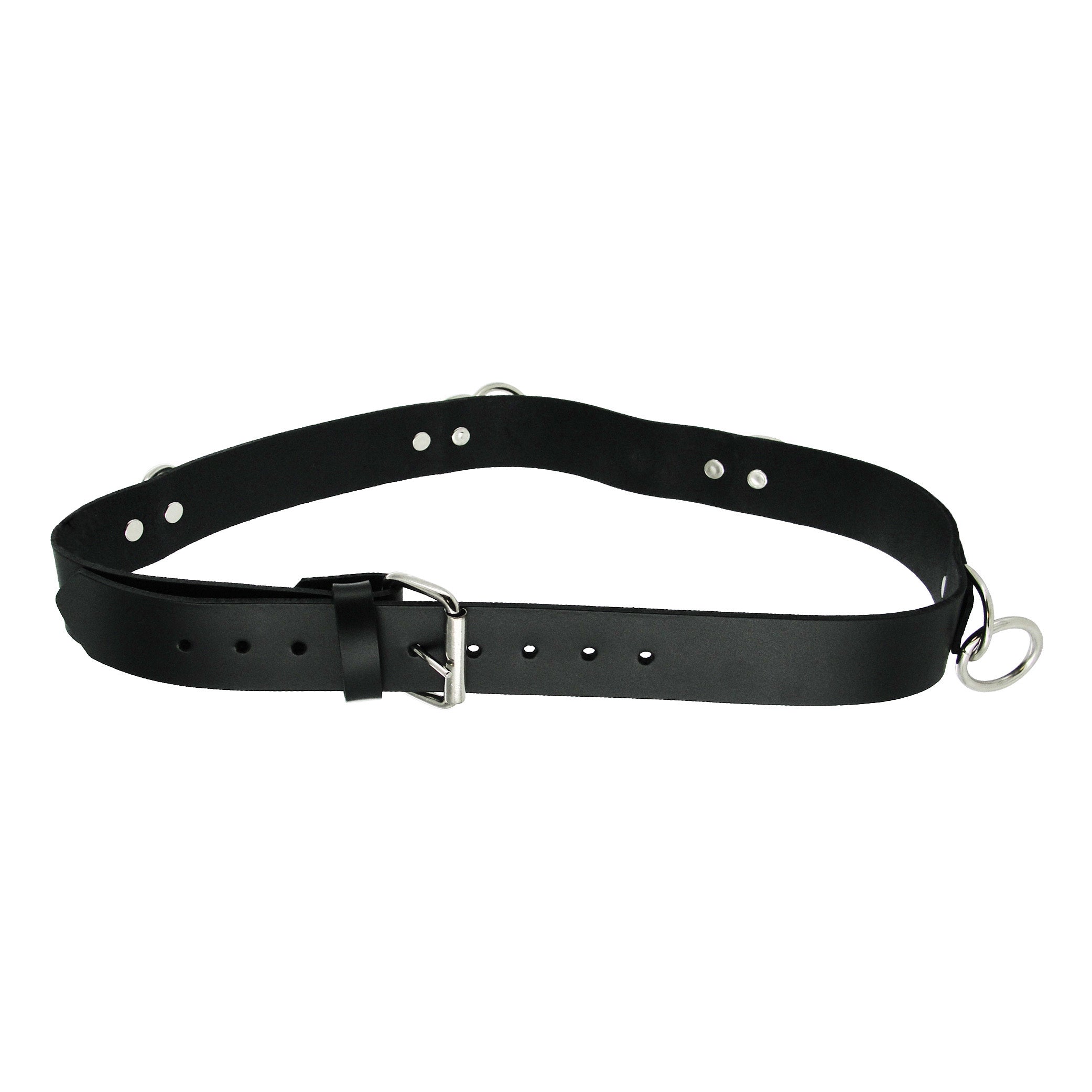 Close-up of a black leather punk bondage belt with a sturdy metal buckle