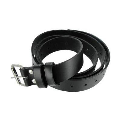 A long black leather bondage strap with reinforced stitching