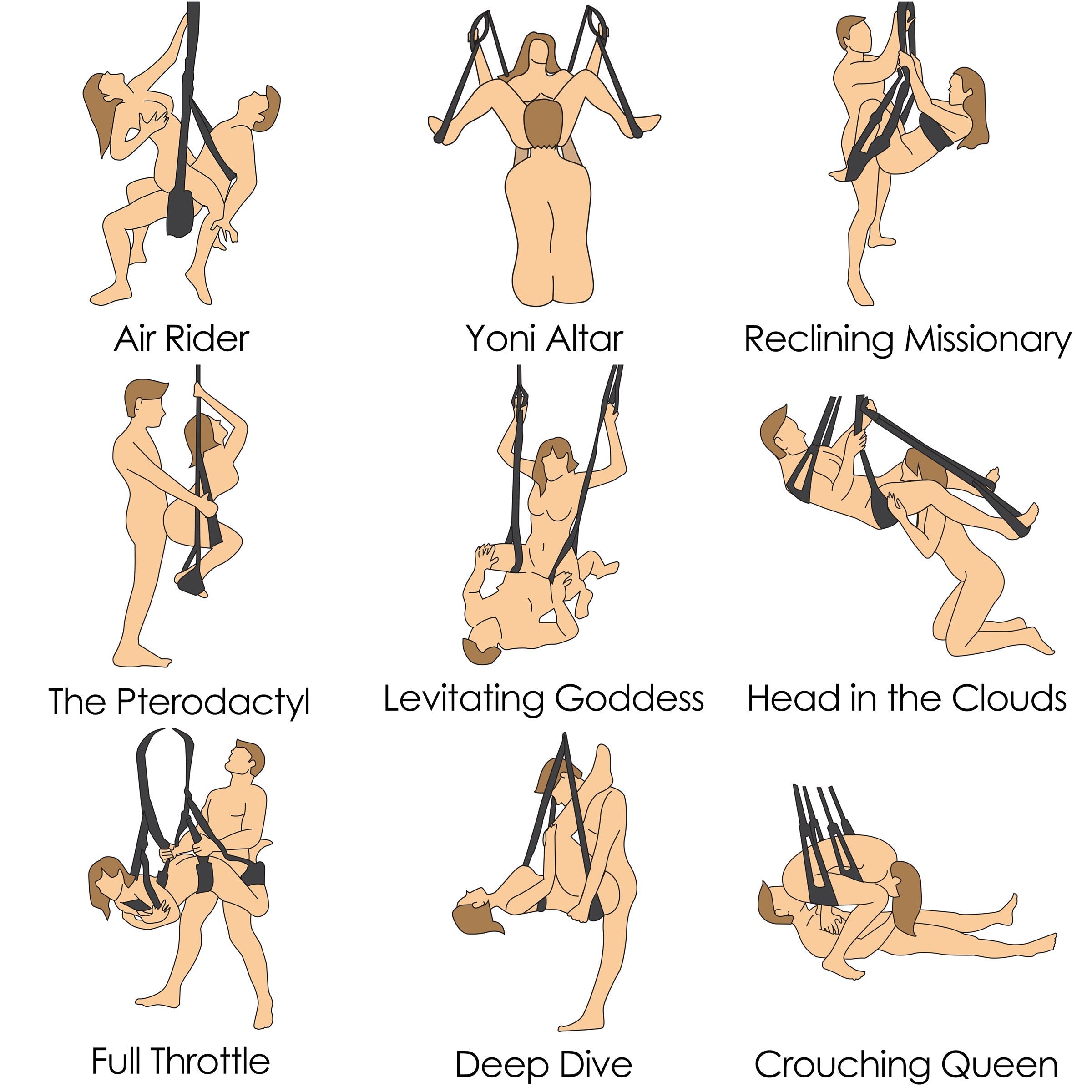 Various positions possible with the Trinity 360 Degree Spinning Sex Swing illustrated by a model