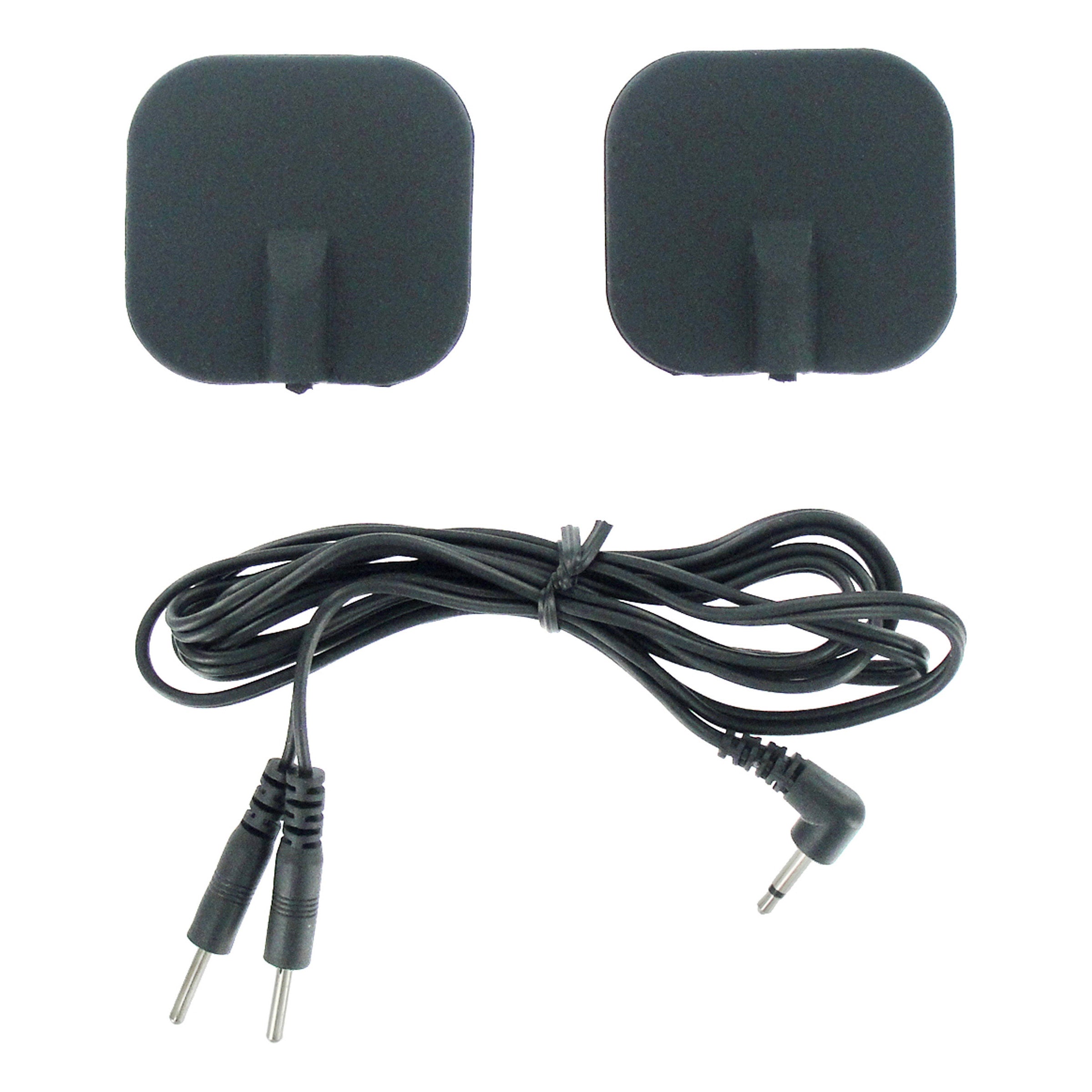 Close-up of black silicone electro pads with connector wires