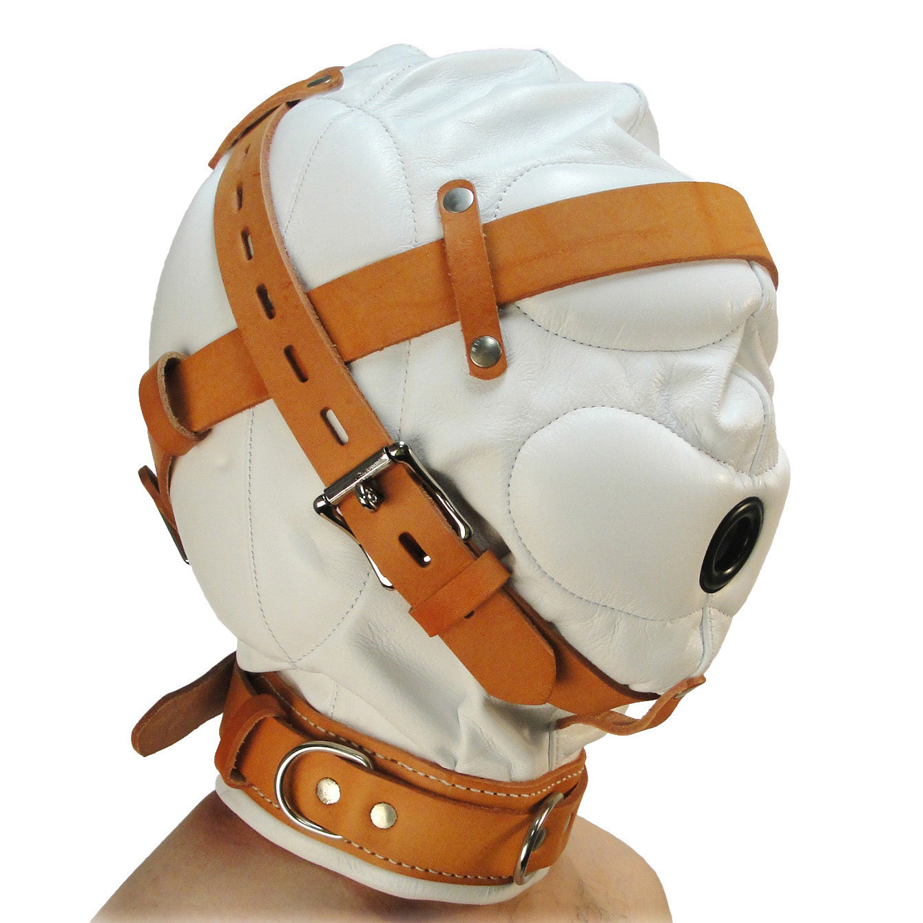 White leather hood with adjustable straps and attached collar