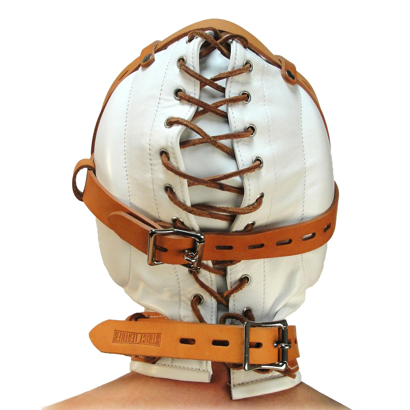 White leather sensory deprivation hood featuring a brown strap detail