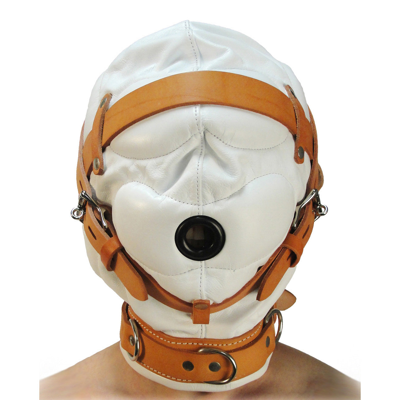 White leather sensory deprivation hood with covered eye area