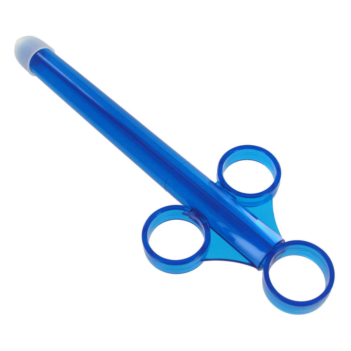 Blue lubricant applicator resembling scissors for easy grip