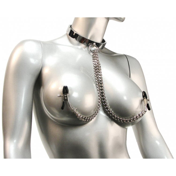 Small to medium-sized chrome slave collar with attached nipple clamps displayed on a stand