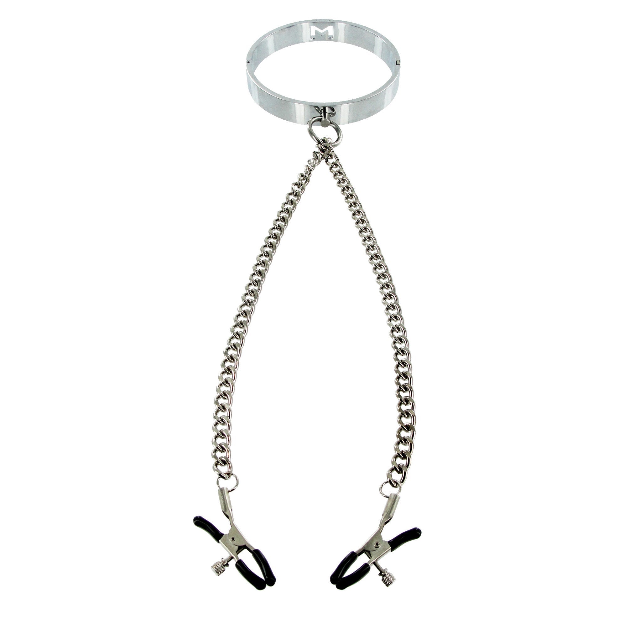 Detail of the adjustable nipple clamps attached to a chrome slave collar by chains