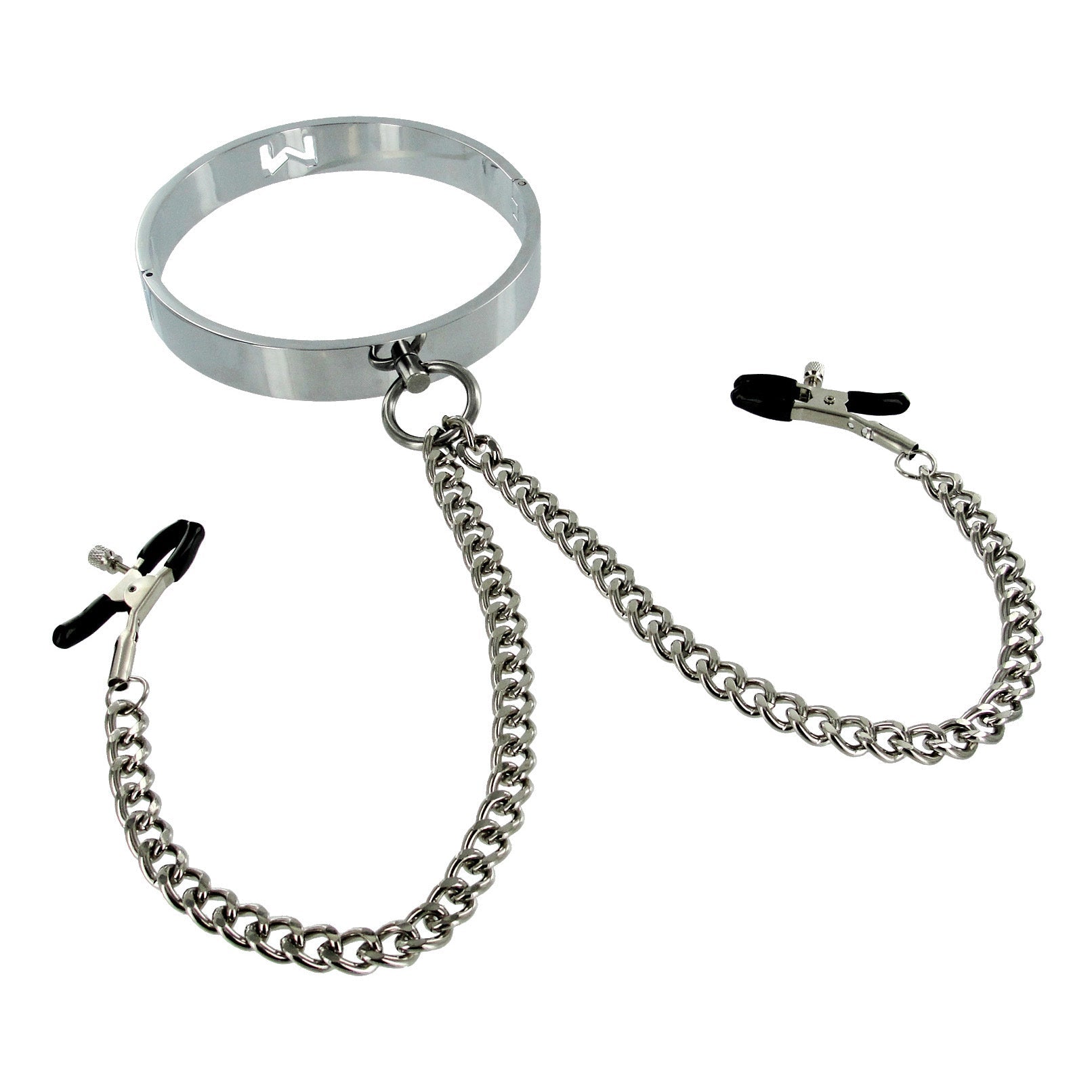 Close-up view of a chrome slave collar with a connecting ring and nipple clamps