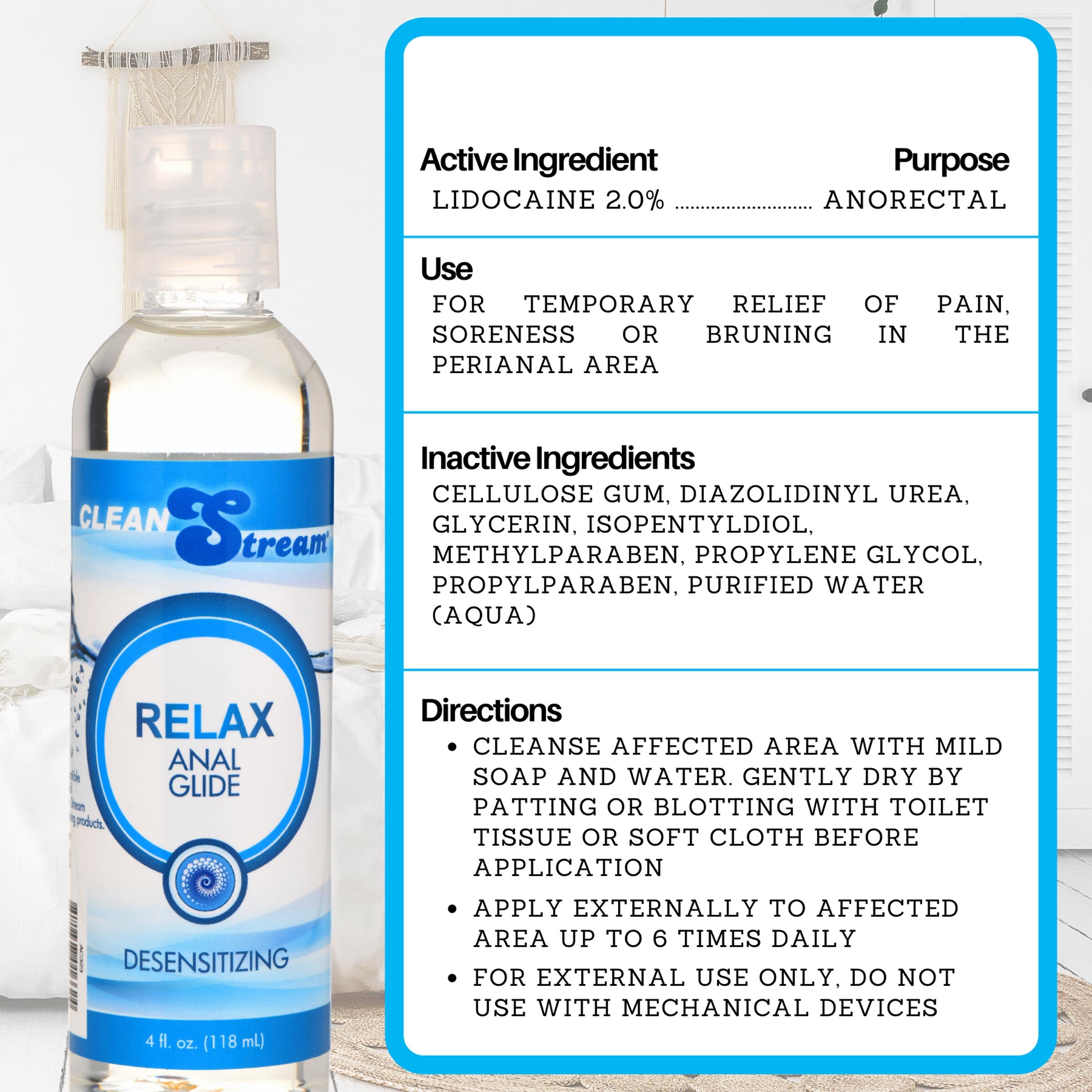 4 Oz bottle of Cleanstream Relax Anal Lube with label detail