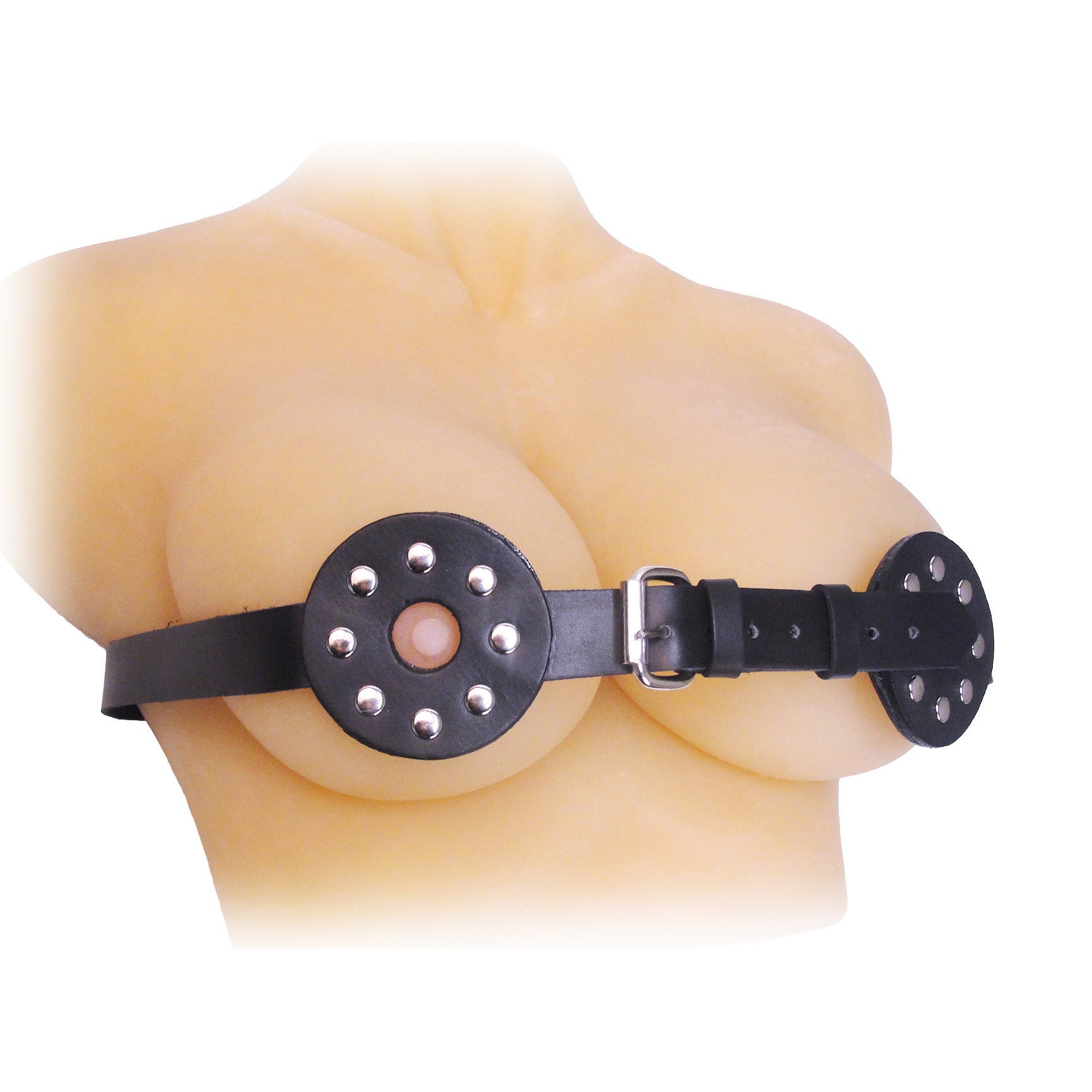 Close-up of a studded spiked breast binder with nipple cut-outs on a mannequin