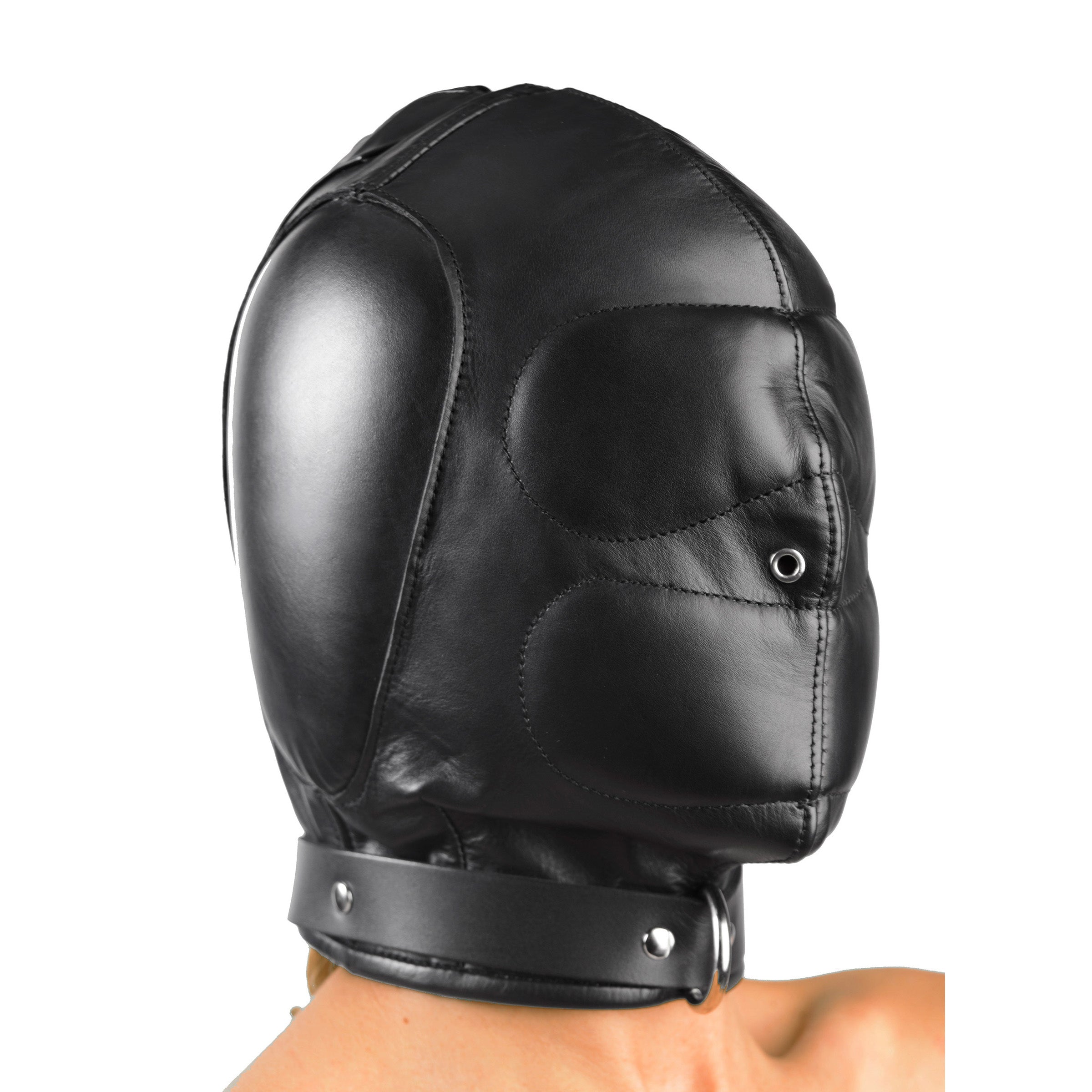 Side view of a padded black leather hood on a mannequin