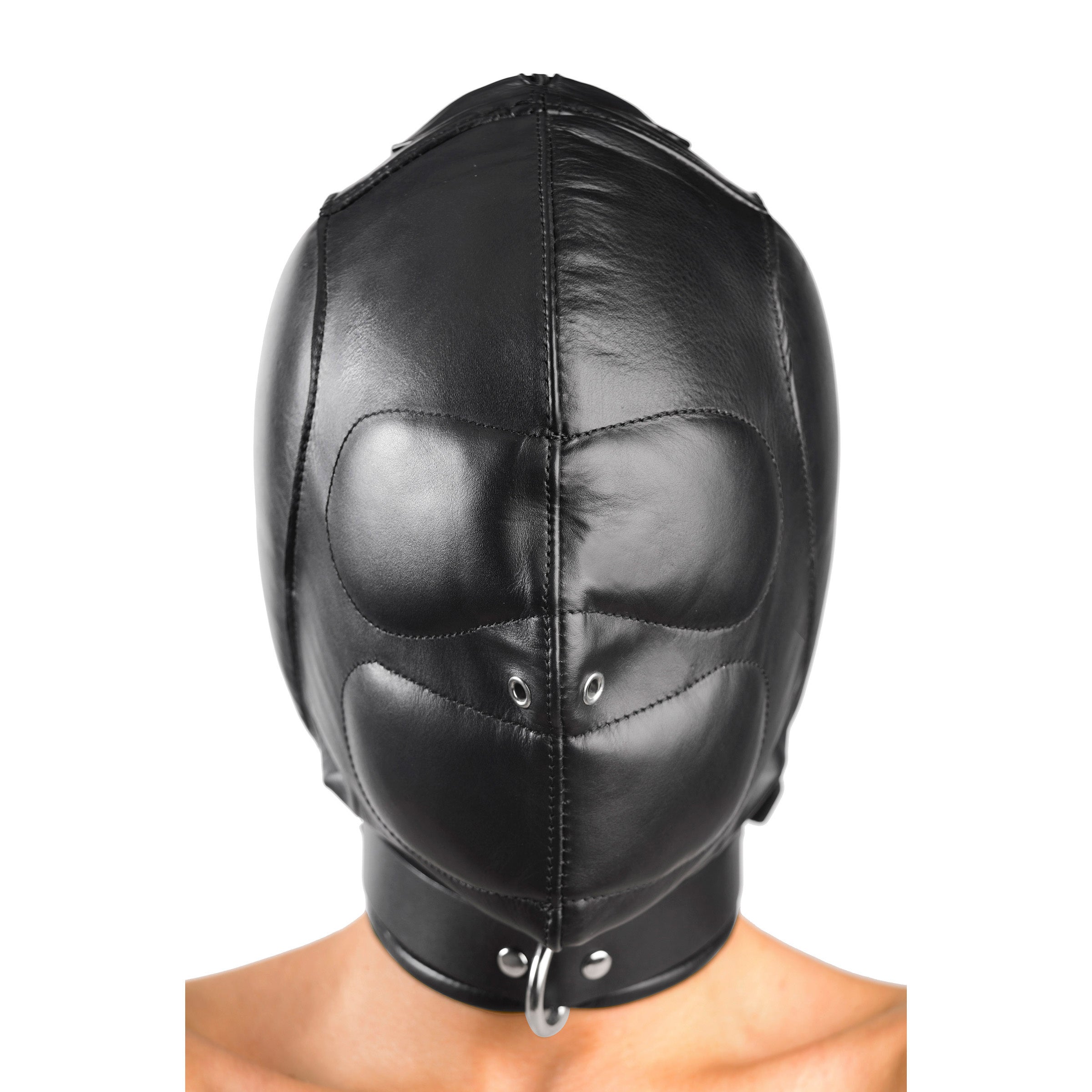 Frontal view of a padded leather mask designed for sensory deprivation