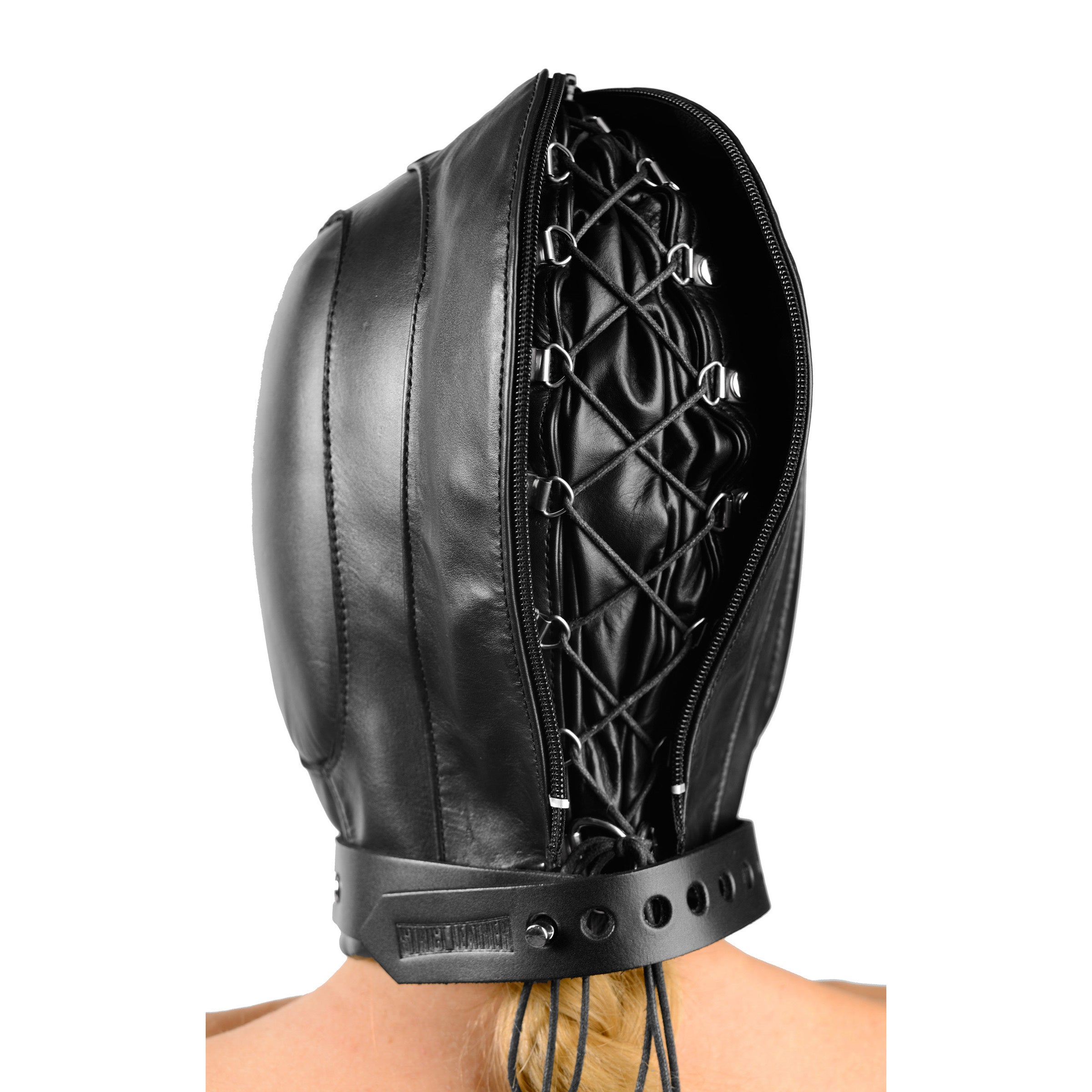 Close-up of a padded leather hood with chain detail