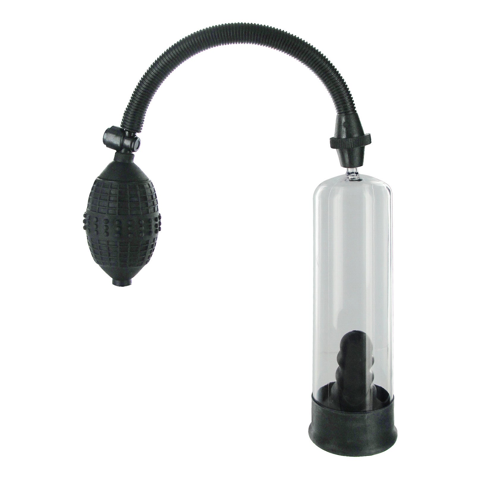 Deluxe penis pump with a clear cylinder and black suction sleeve