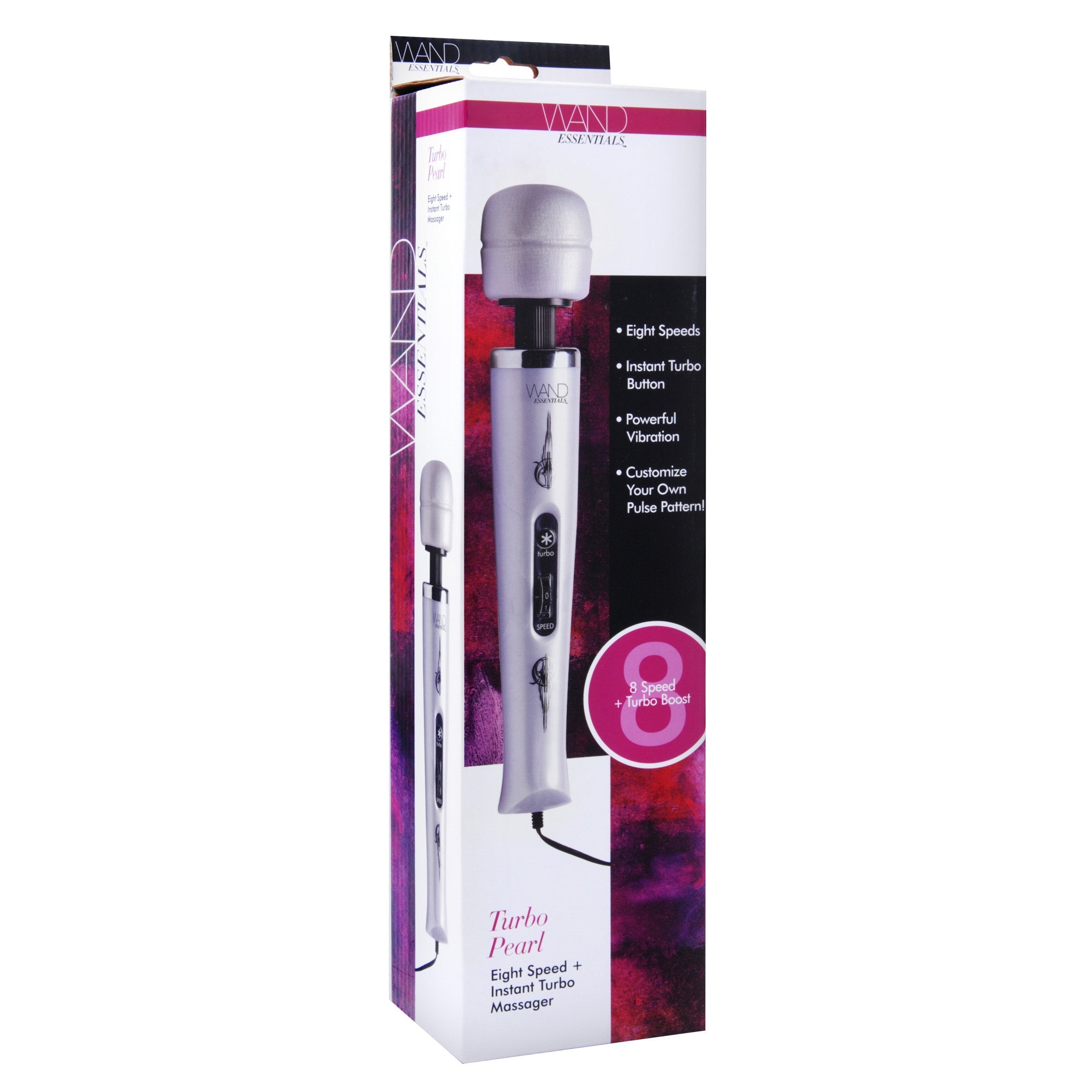 The Wand Essentials 8 Speed Turbo Pearl Massager packaged in its box