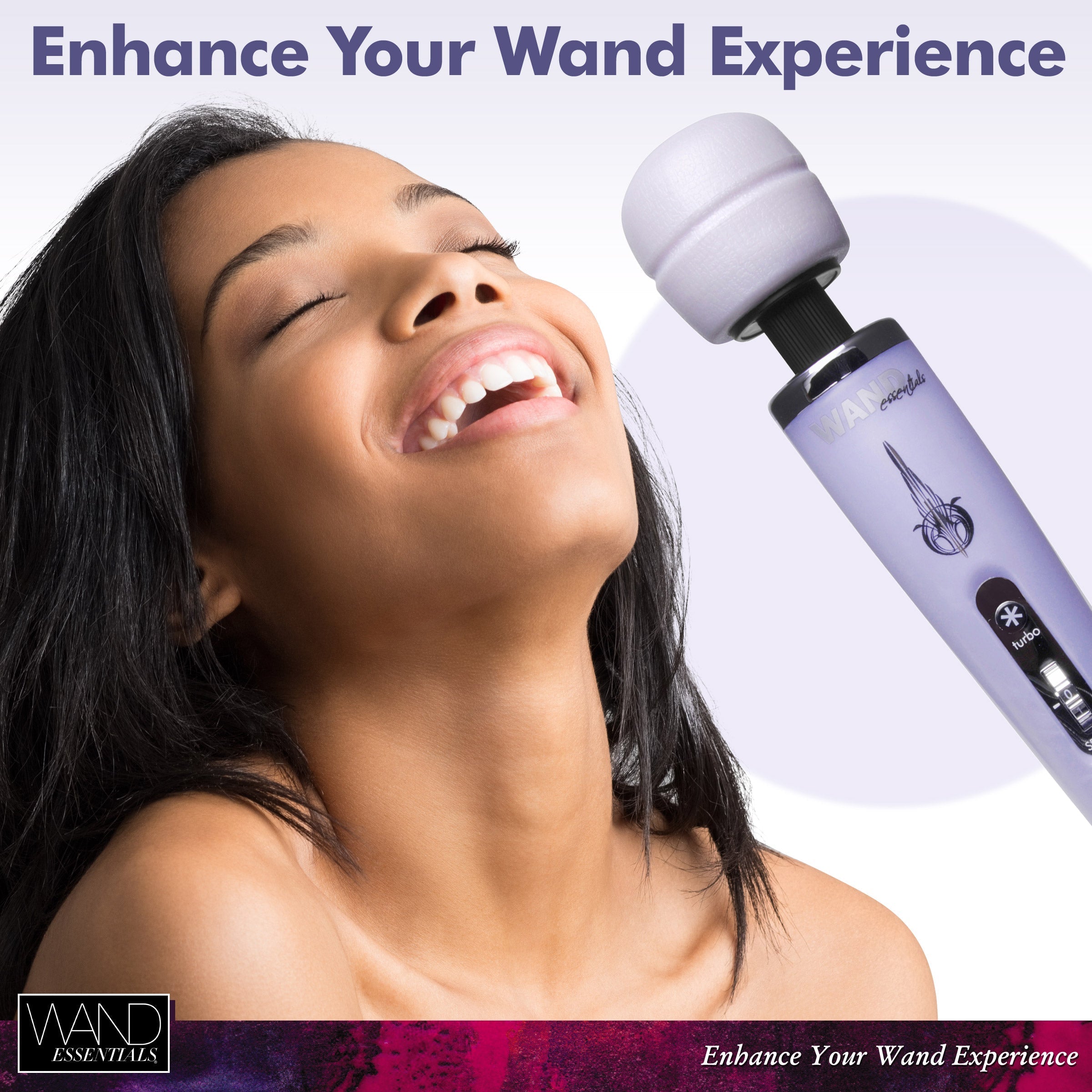 A model demonstrating the use of the Wand Essentials massager to suggest a relaxing experience