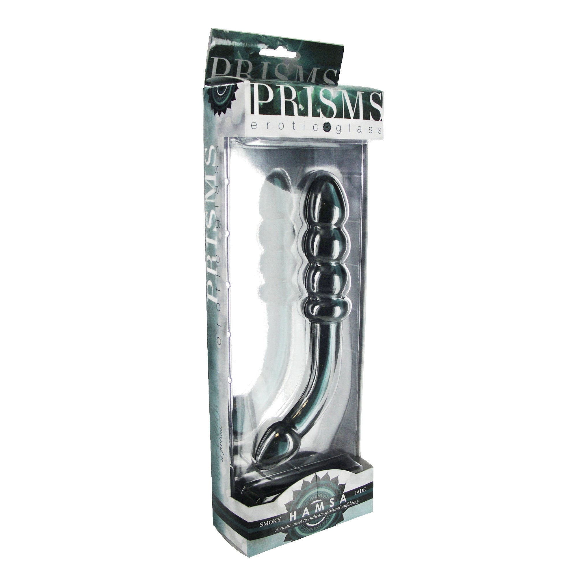 Hamsa Glass Dildo in Smoky Jade color displayed in its packaging