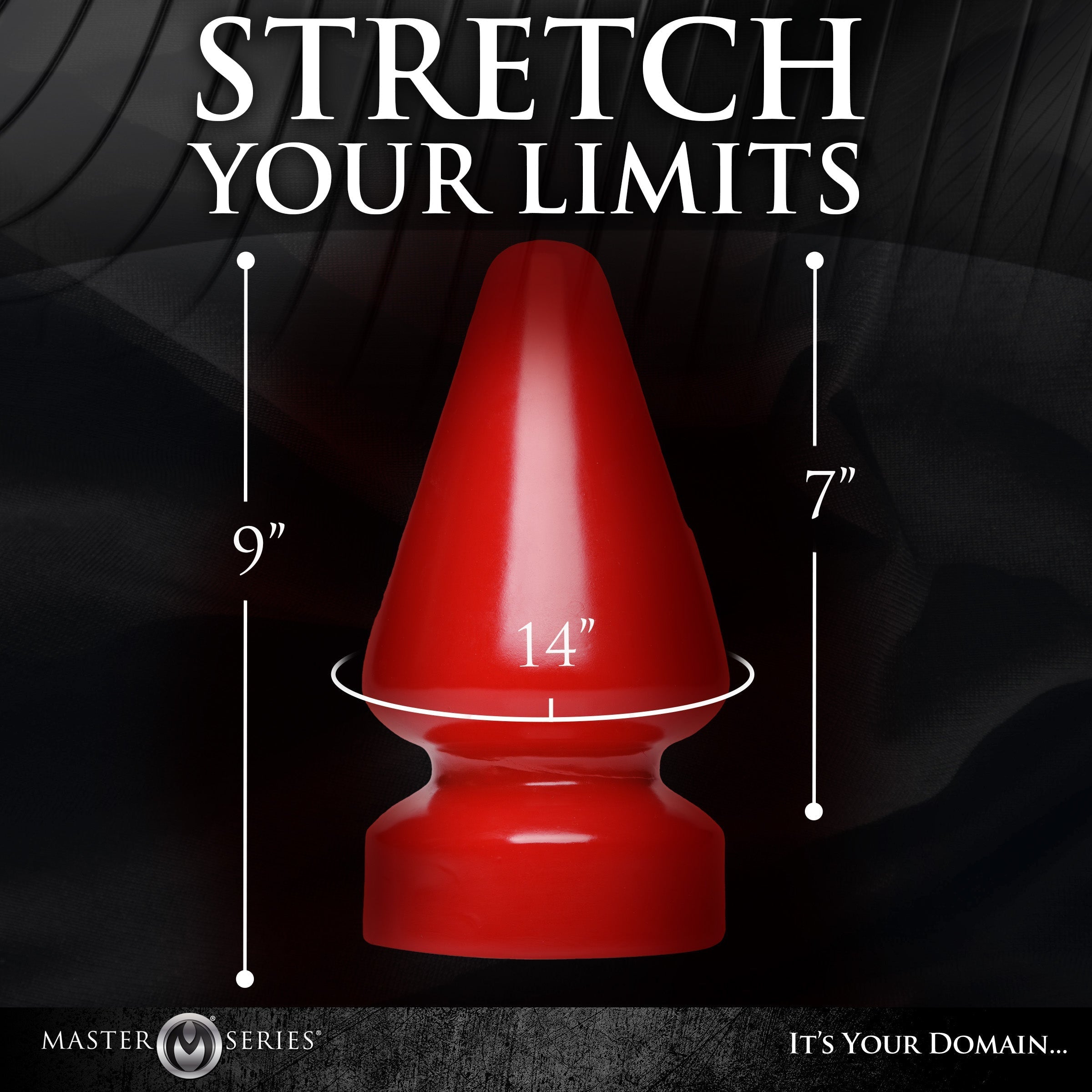 Red adult toy with text emphasizing its stretching capability