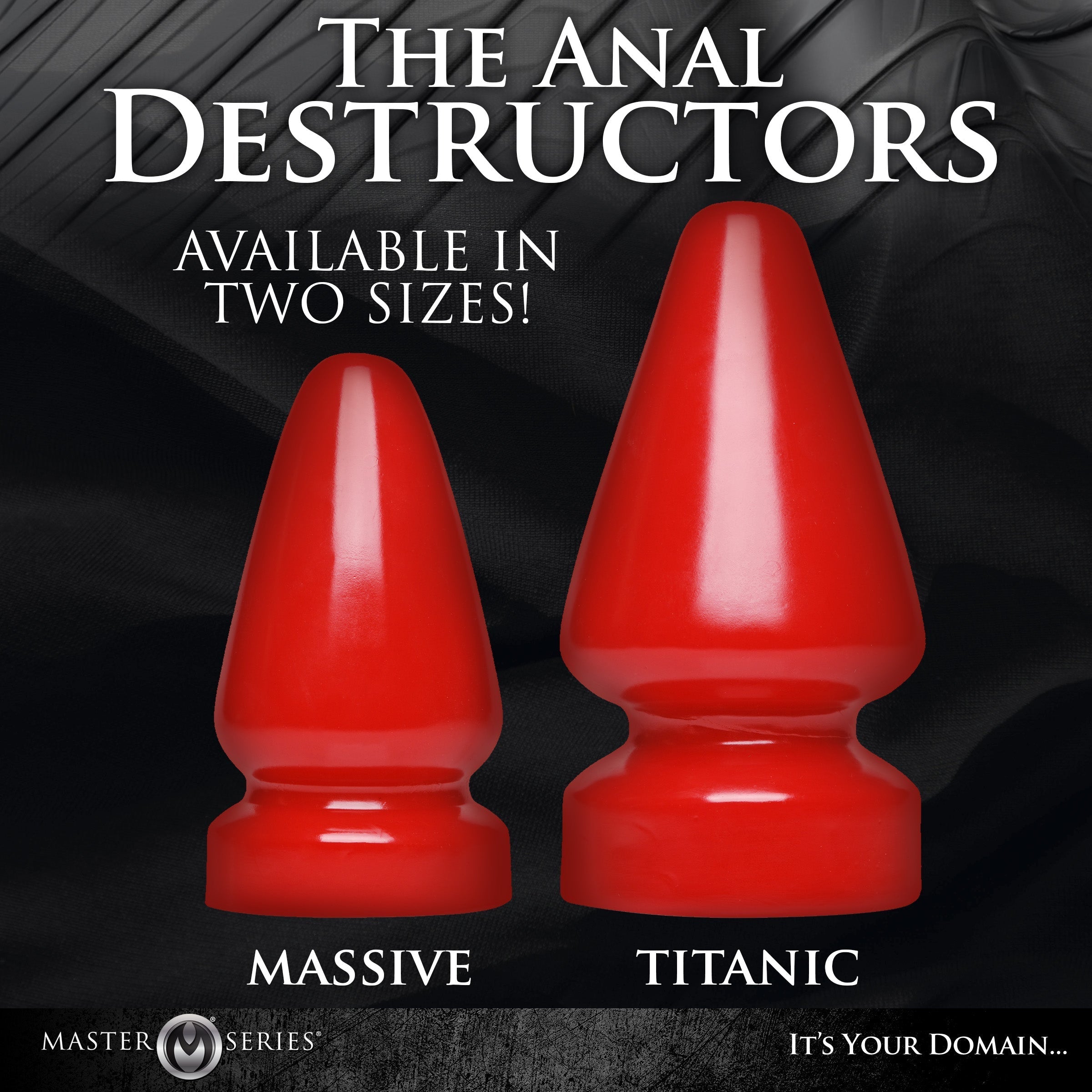 Comparison image of two different sizes of the red Anal Destructor Plug