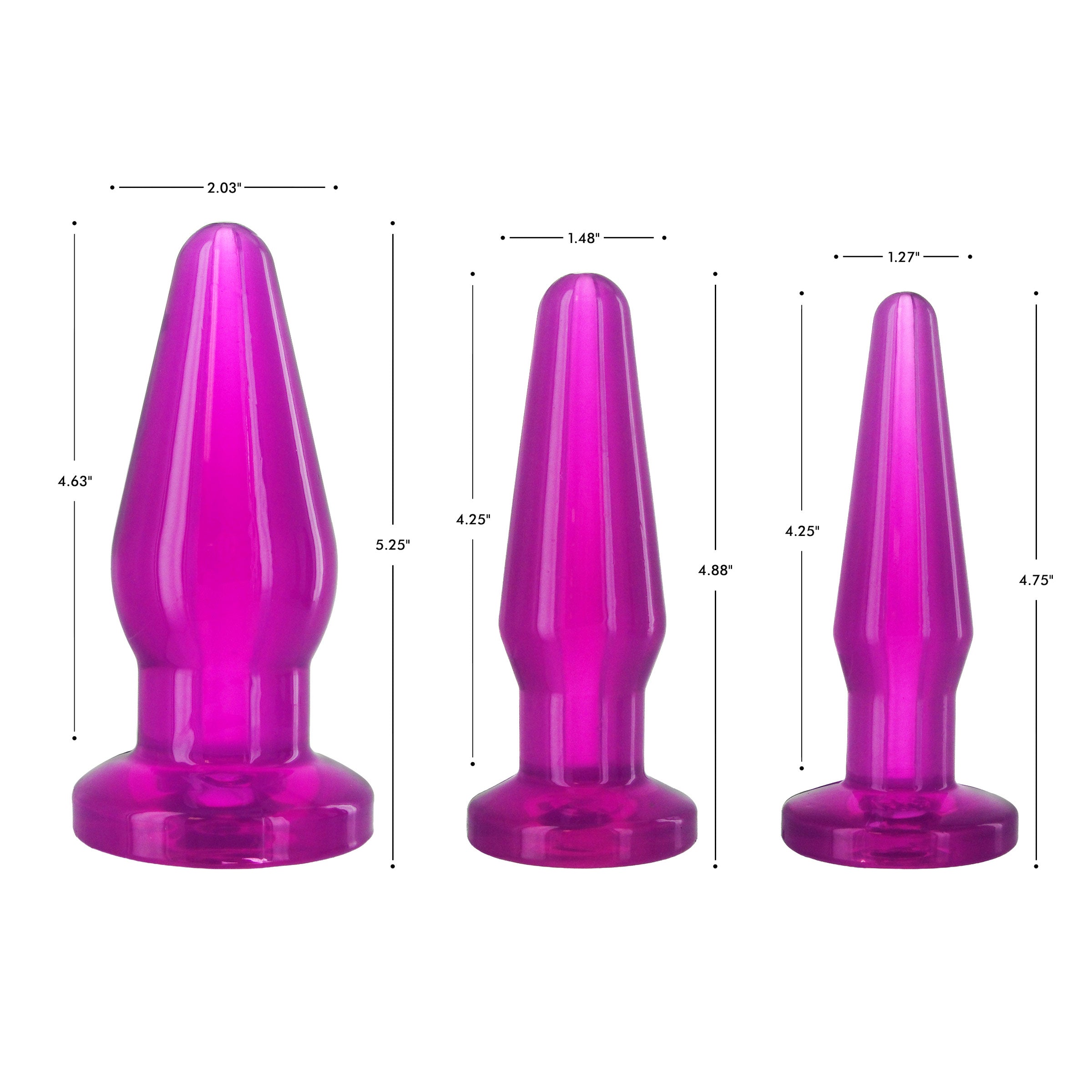 Measurement details of a trio of purple anal expanders from the Fill-er-up Butt Plug Kit