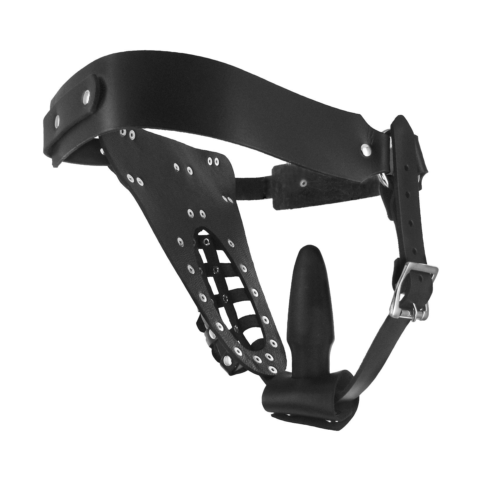 Black leather male chastity belt with secure metal buckles and anal plug harness