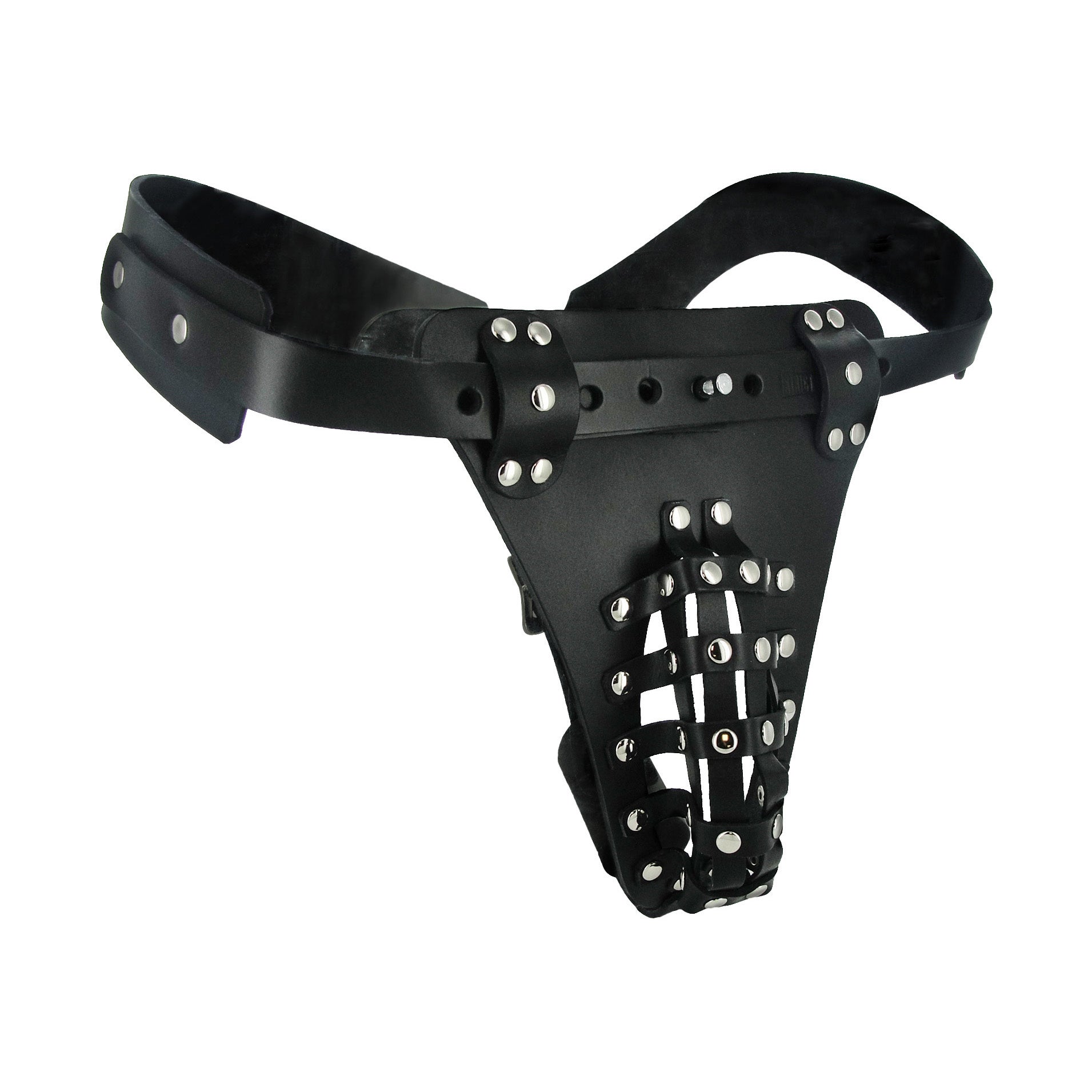 Sturdy leather chastity belt featuring metal studs for enhanced security