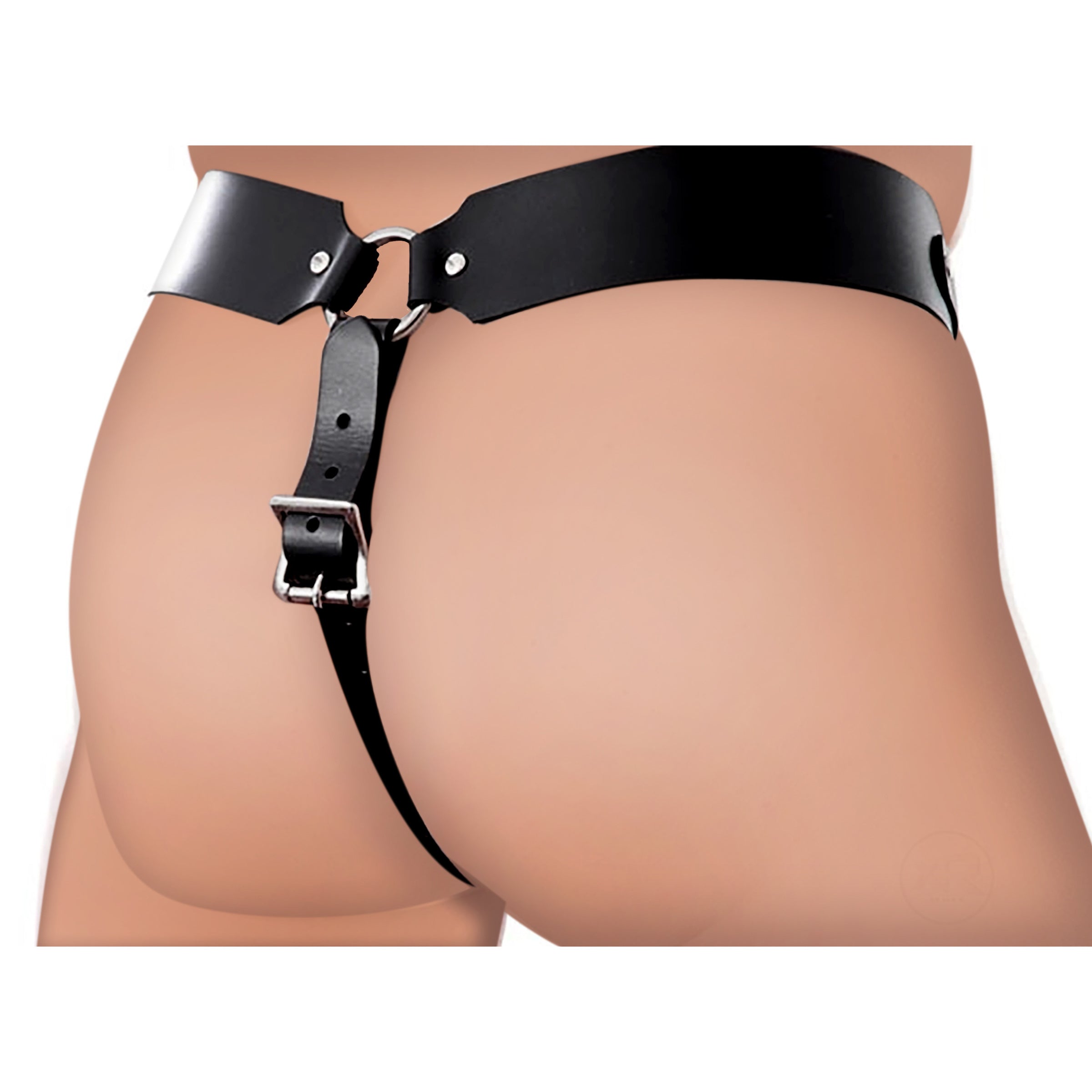 Detailed view of the leather chastity belt with integrated anal plug harness worn by a model