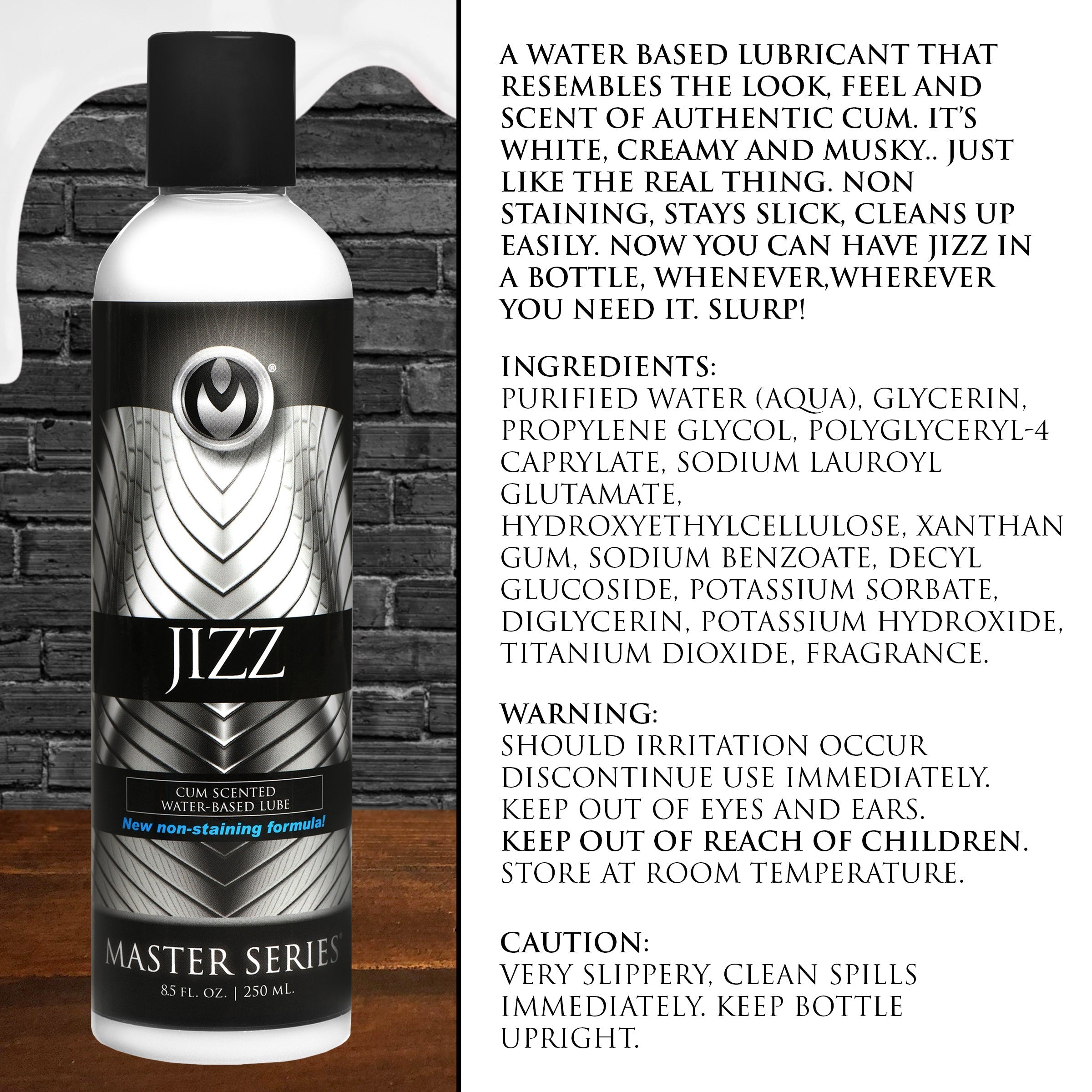 Detailed view of the Jizz Lubricant bottle showcasing the product label and design