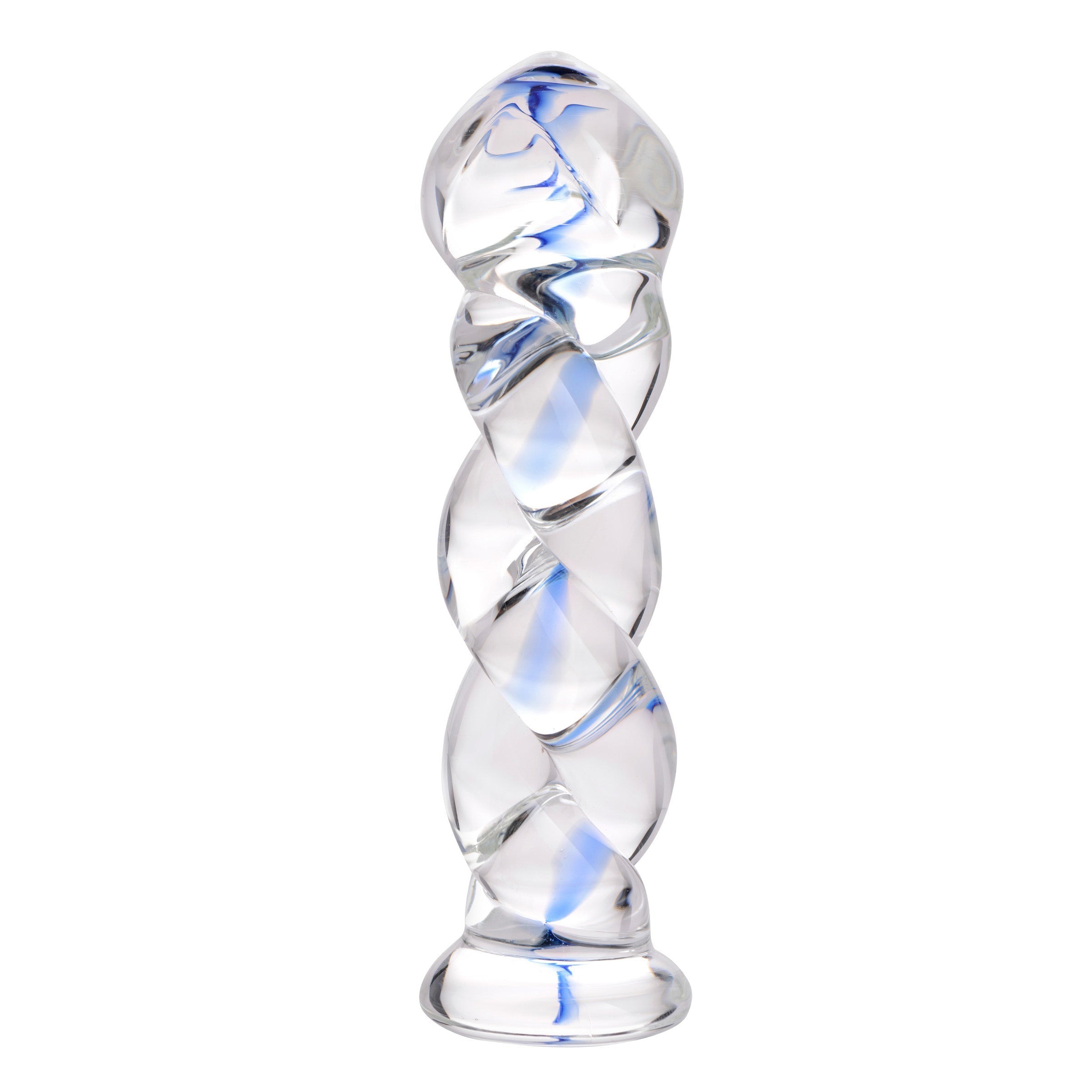 Soma glass dildo featuring blue and white twisted pattern