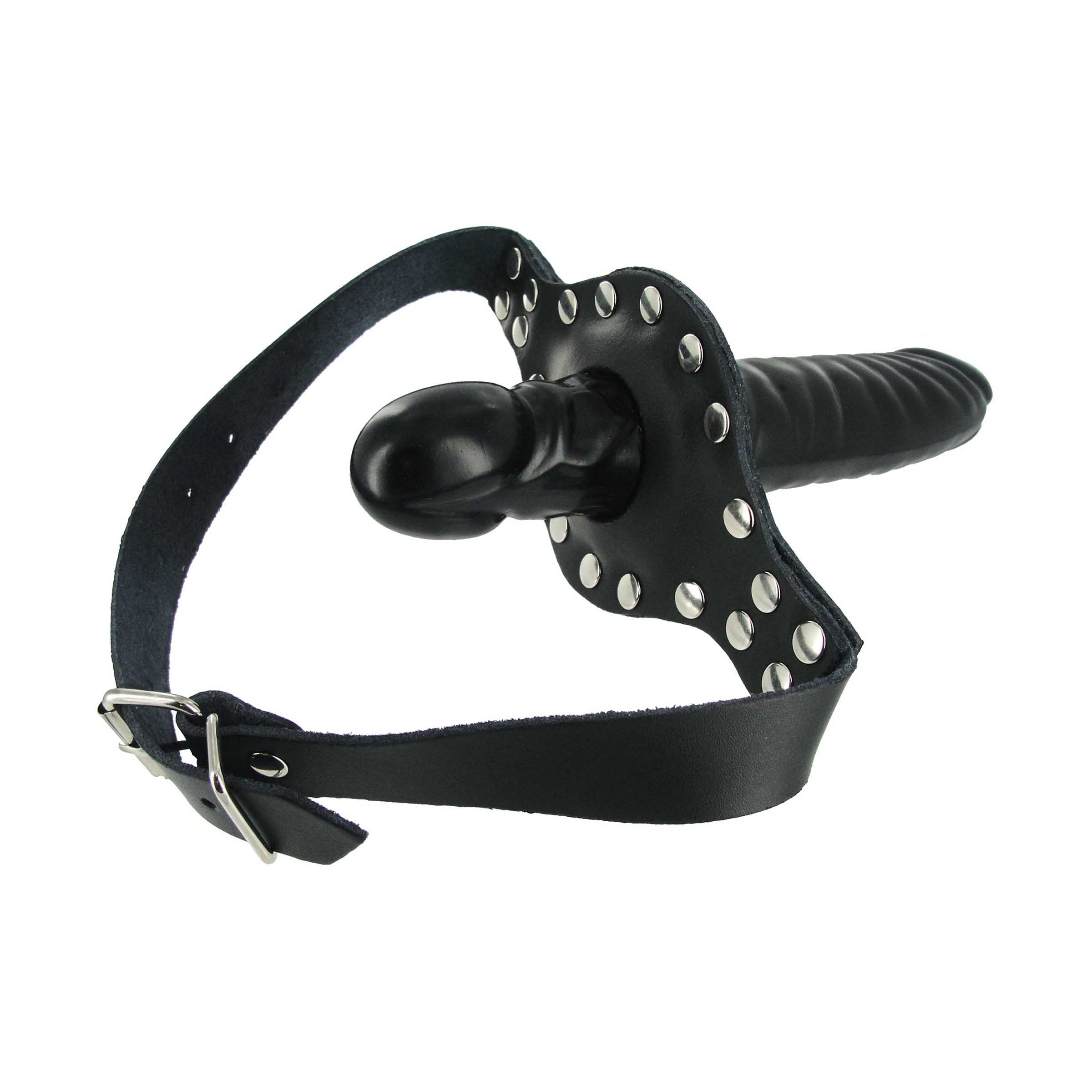 Close-up of a black leather mouth gag with adjustable strap