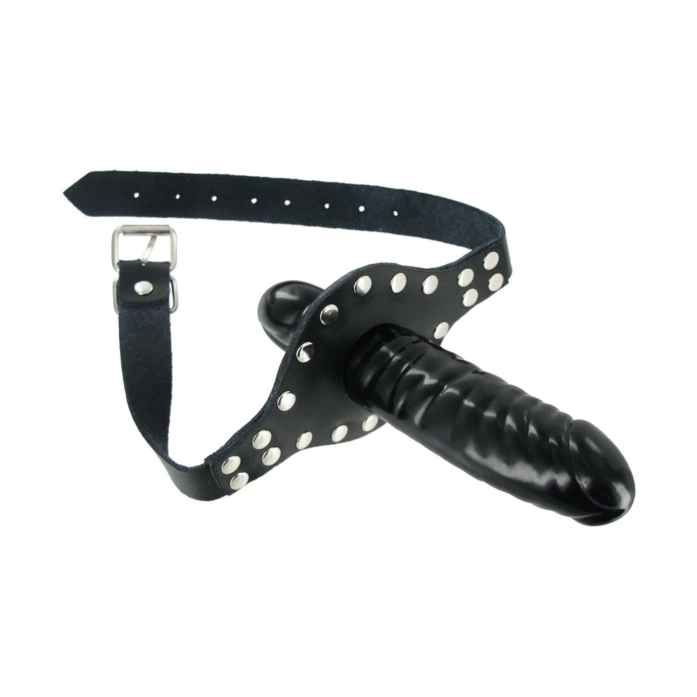 Detail of a black leather mouth gag with metal studs