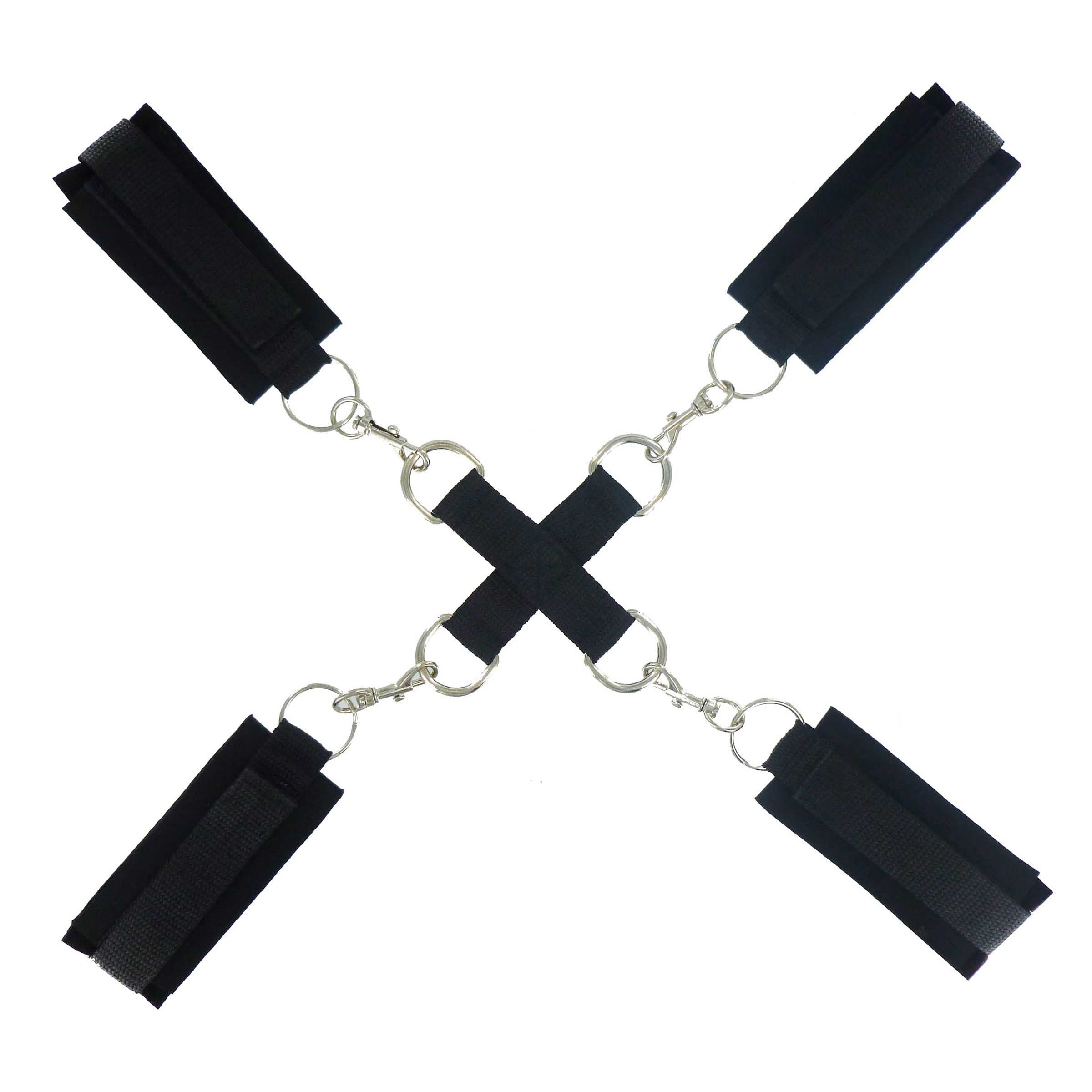 Four black restraint straps with central connecting ring from the Frisky Stay Put Hog Tie Restraints set