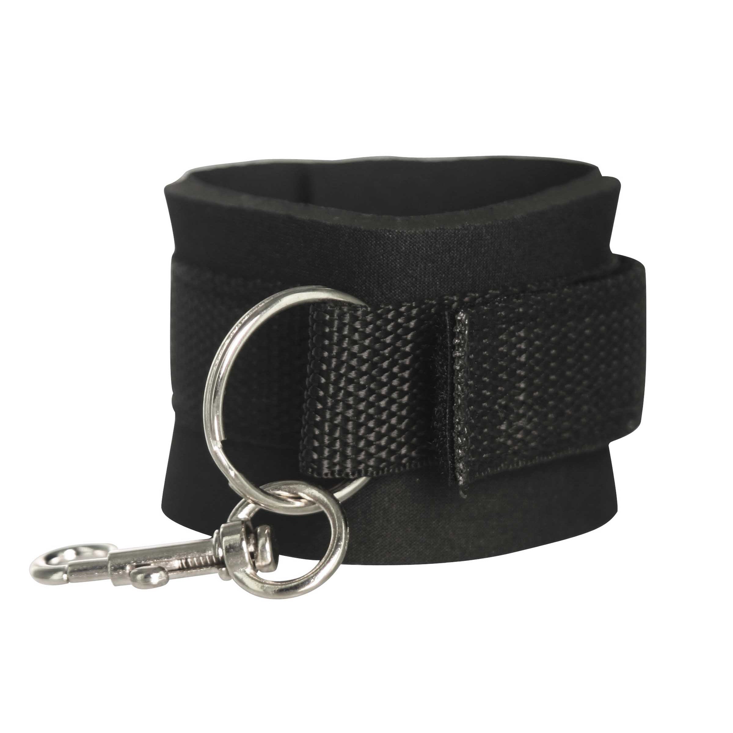 Black collar component of the Frisky Stay Put Hog Tie Restraints with metal hardware