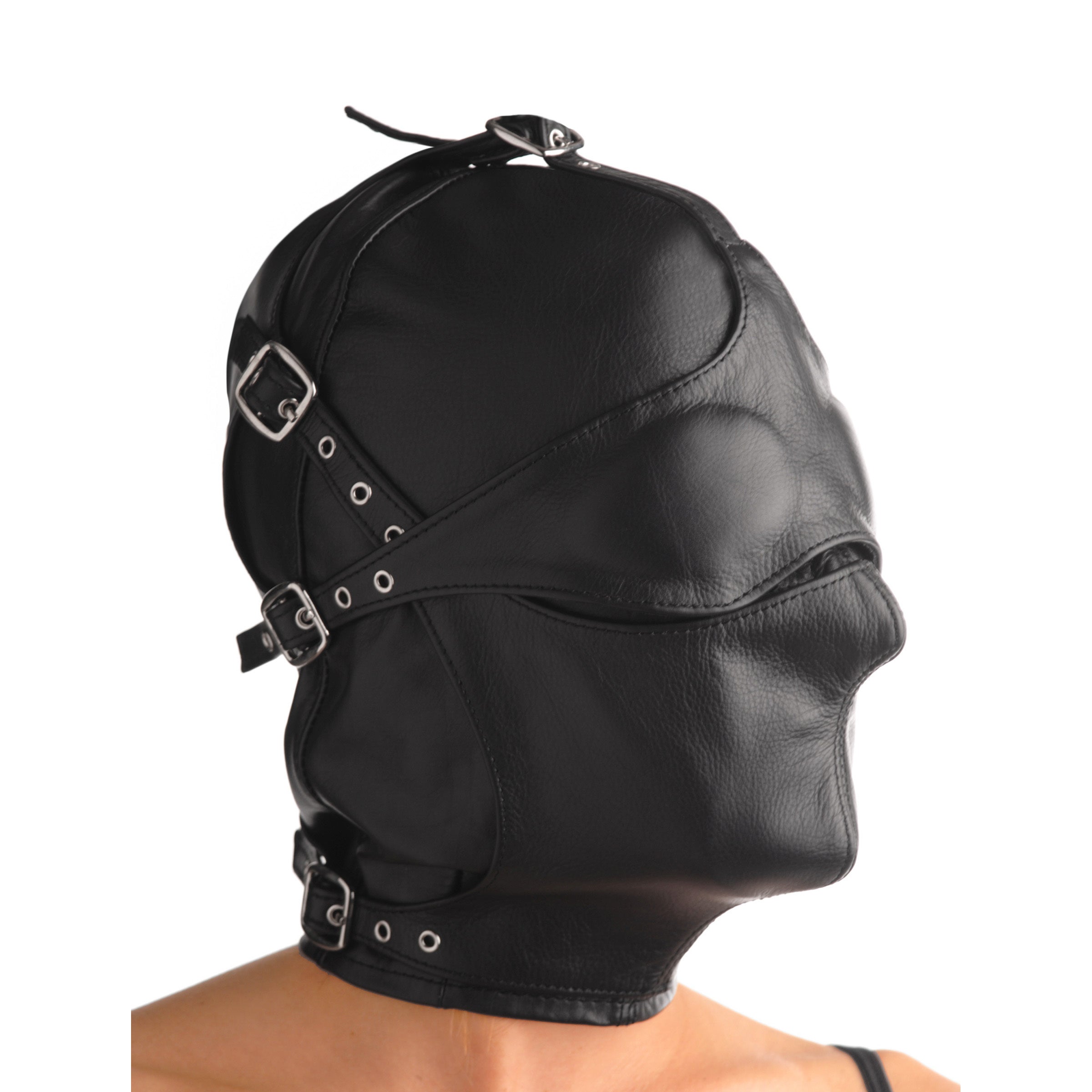 Asylum Leather Hood with both blindfold and muzzle attached